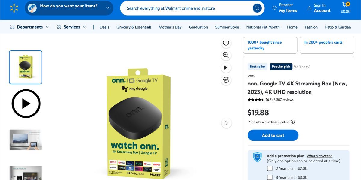 onn 4K streaming box on Walmart website.