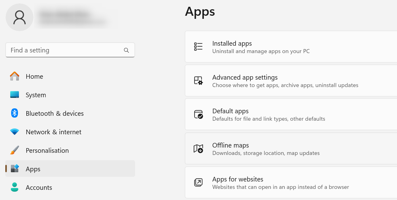 Opening the list of installed apps on Windows.