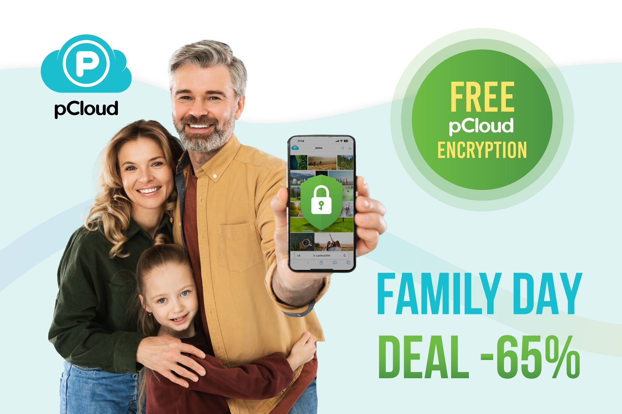 pcloud family day deal with 65% off, family holding phone