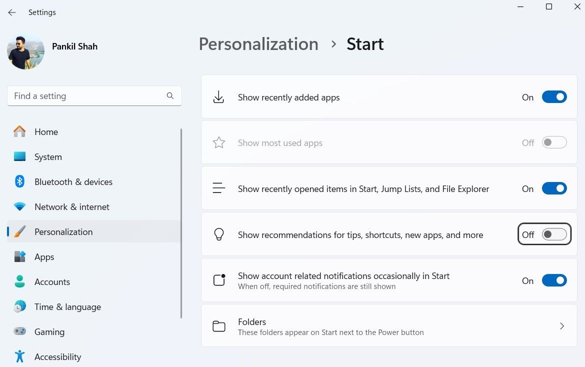 Personalization Options for Start Menu in Windows 11 Settings App