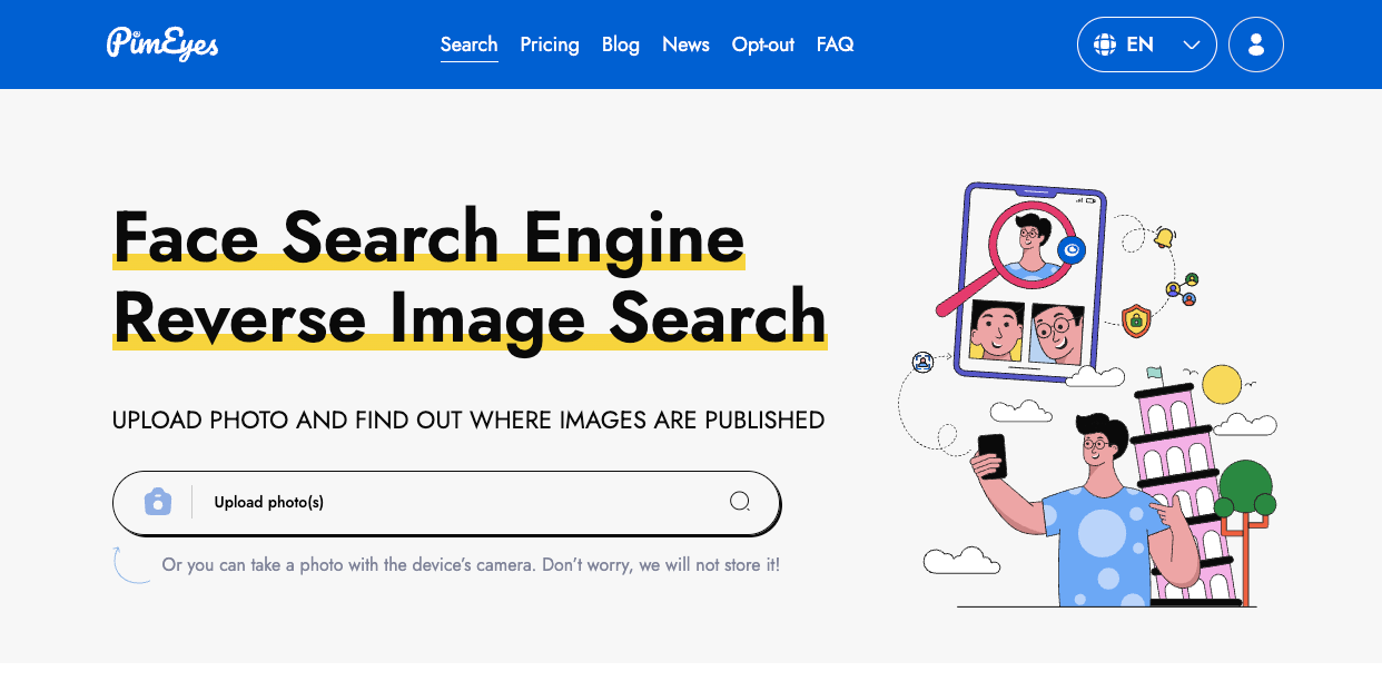 PimEyes reverse image search website home page