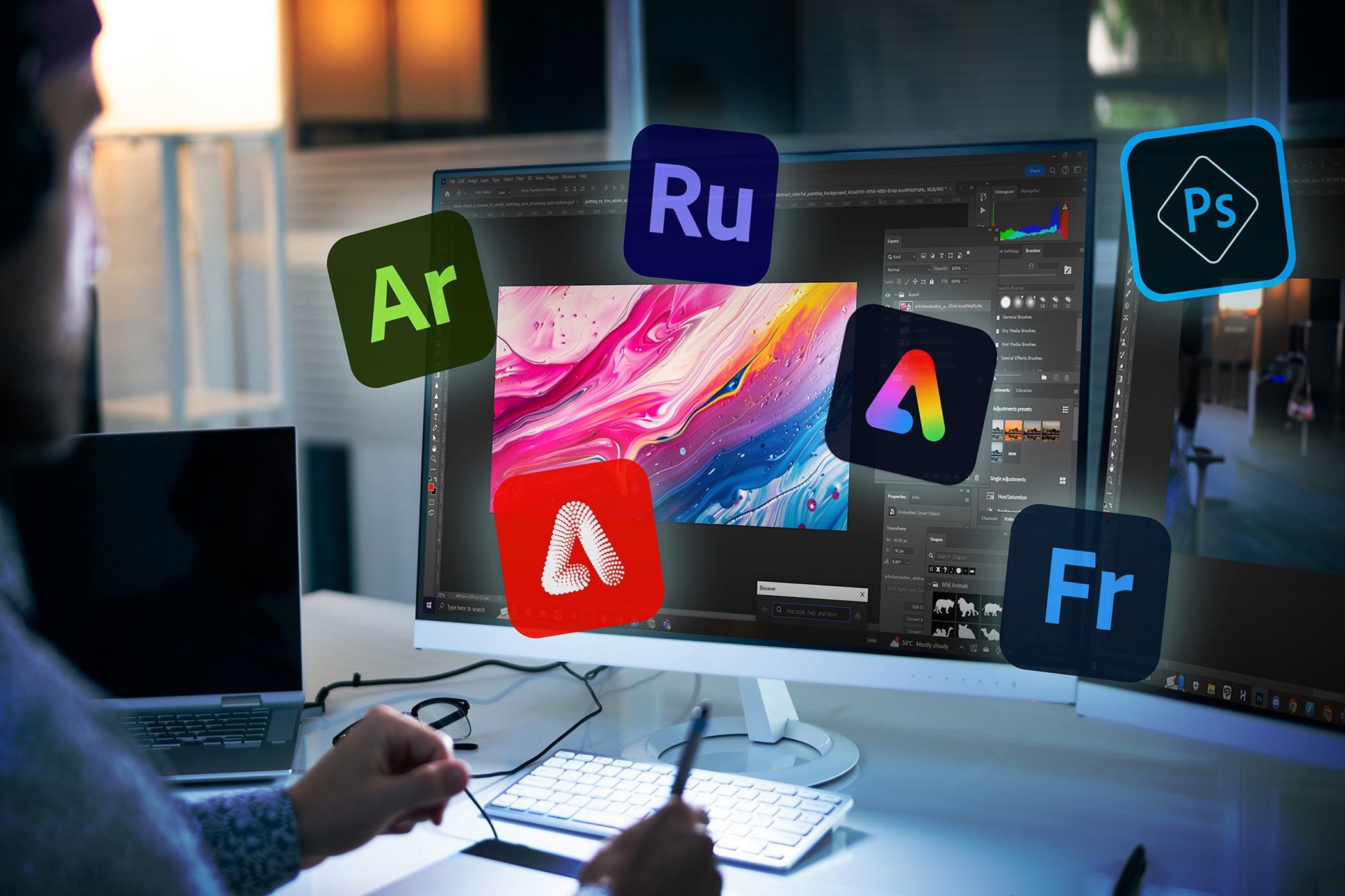 A person using an editing software with different Adobe logos floating