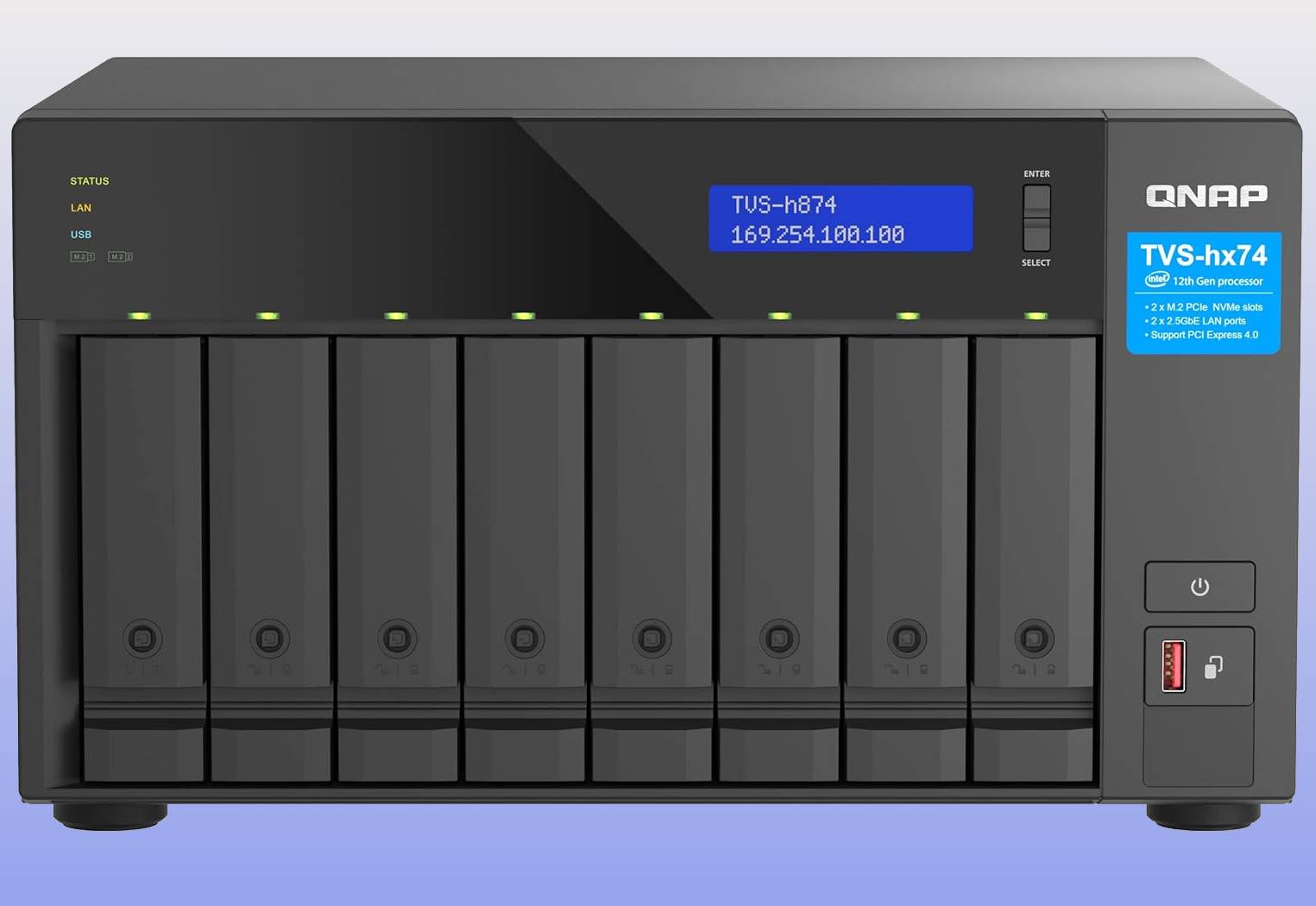 front view of qnap tvs-h874x nas and available i/o