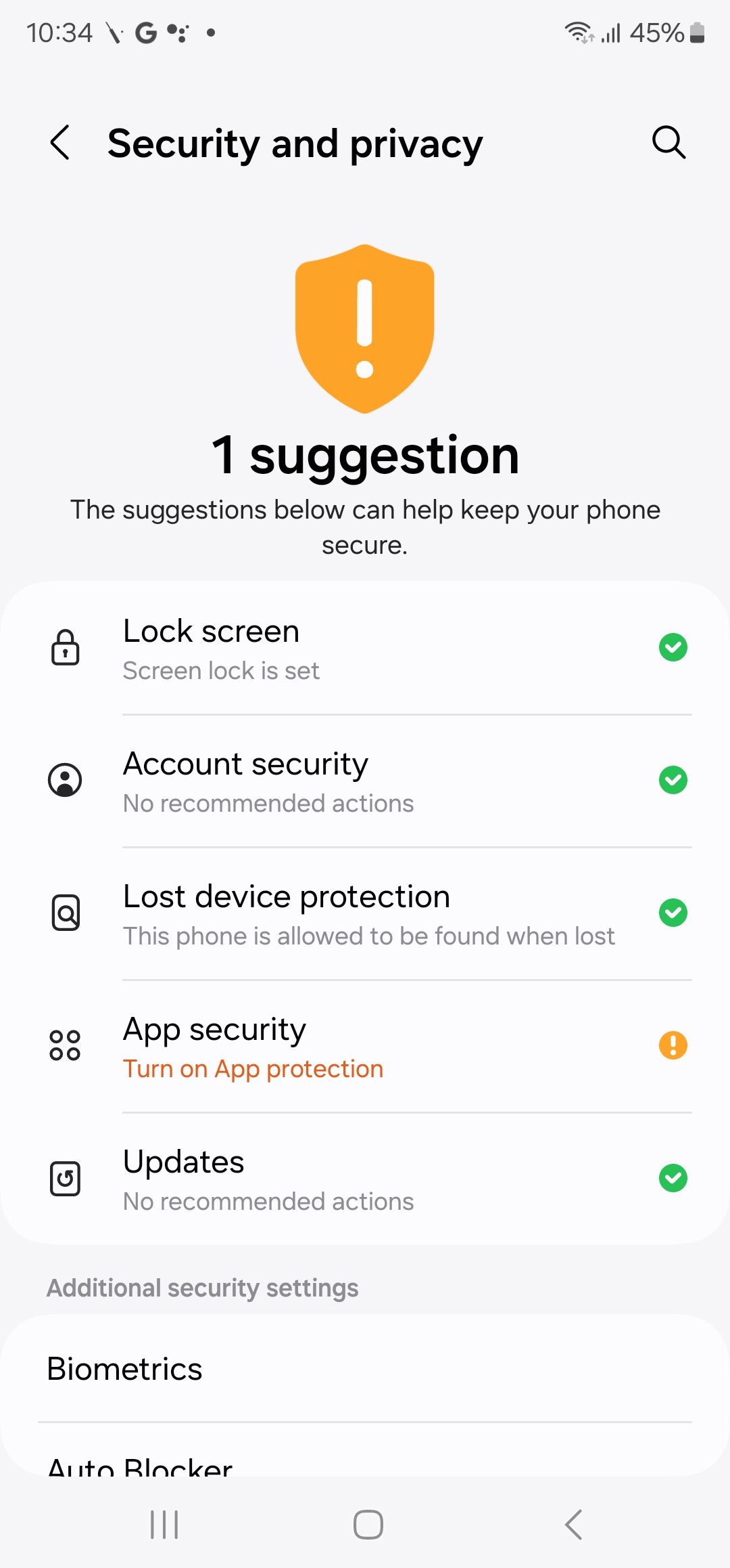 Security and privacy menu on Samsung phone