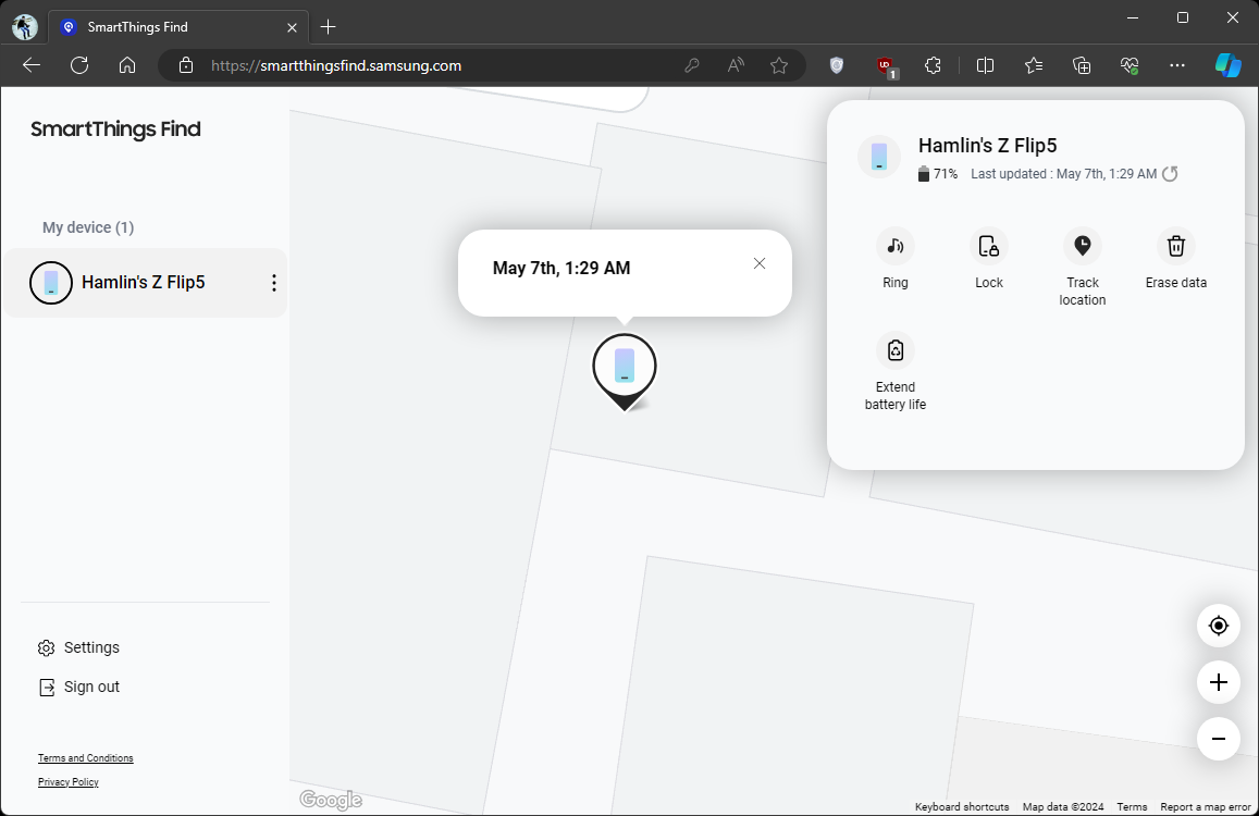 Samsung SmartThings Find website showing the location of a Galaxy phone