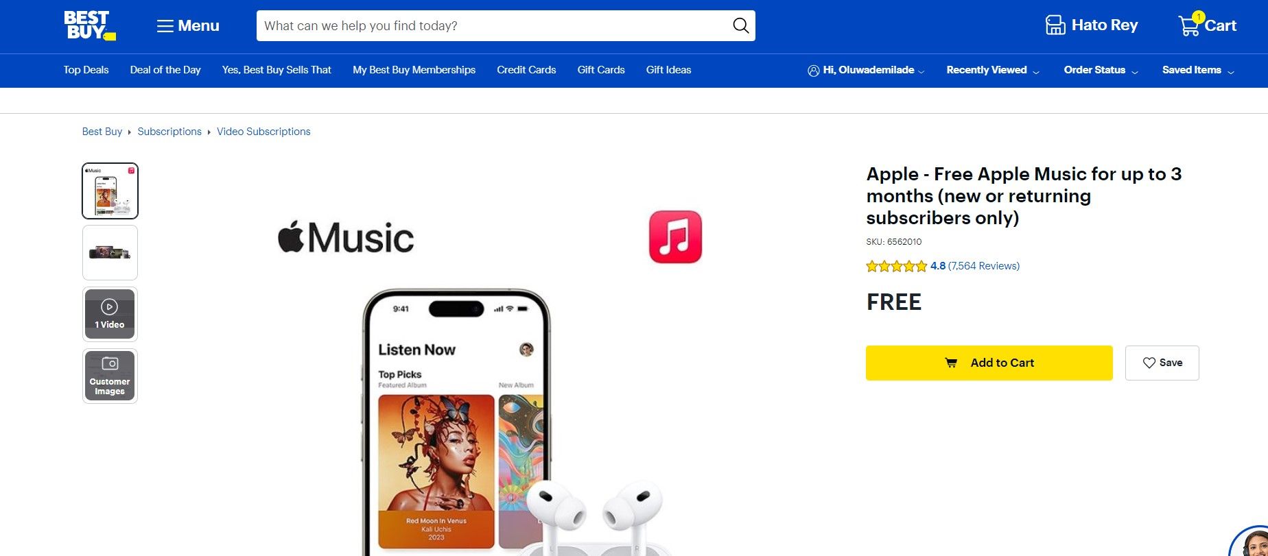 Screenshot of Apple Music 3-month free trial on Best Buy 