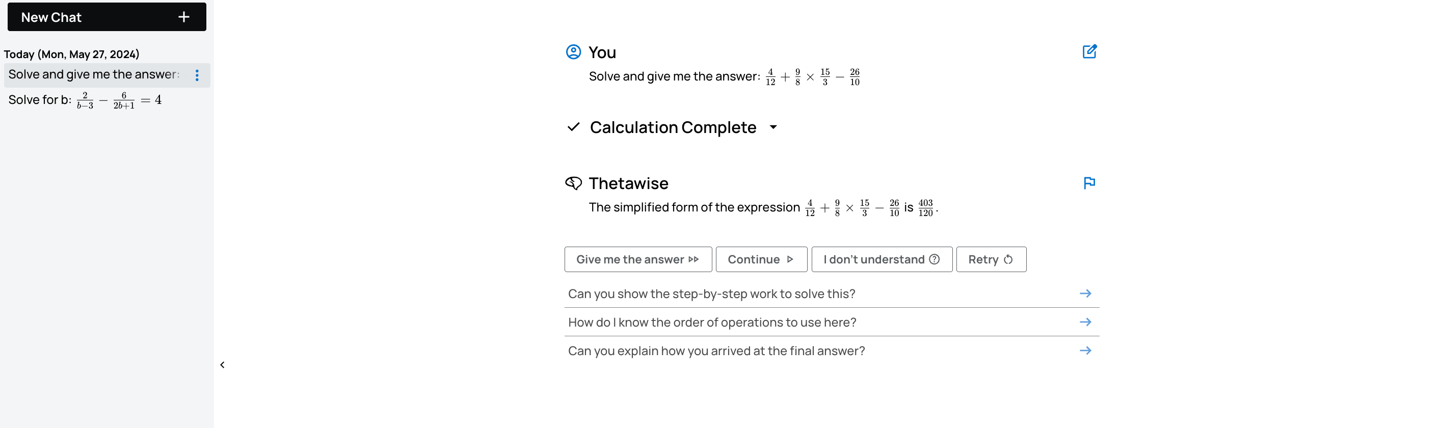 Using Thetawise to simply a fractional expression