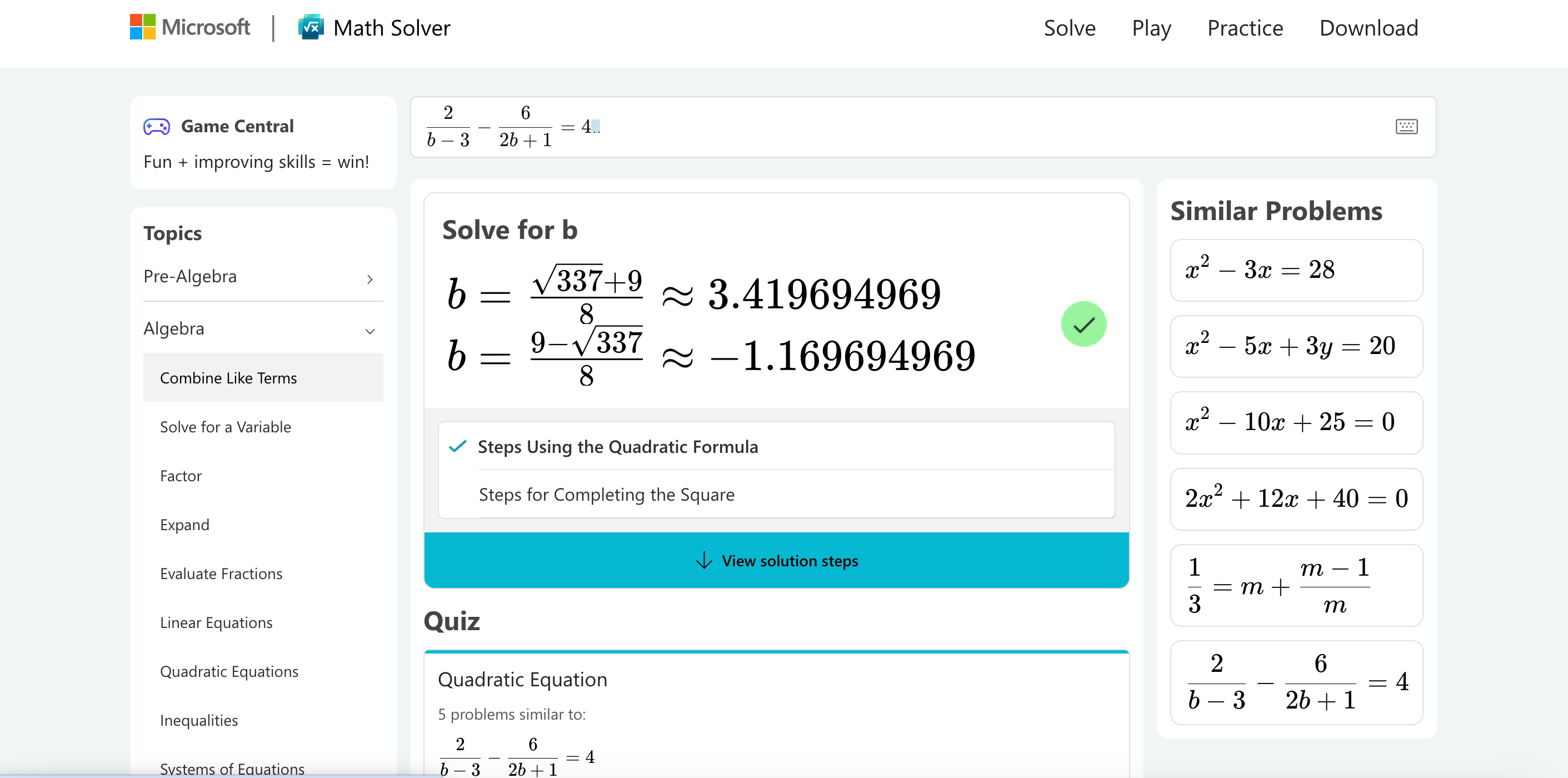 Microsoft MathSolver solves an algebraic equation