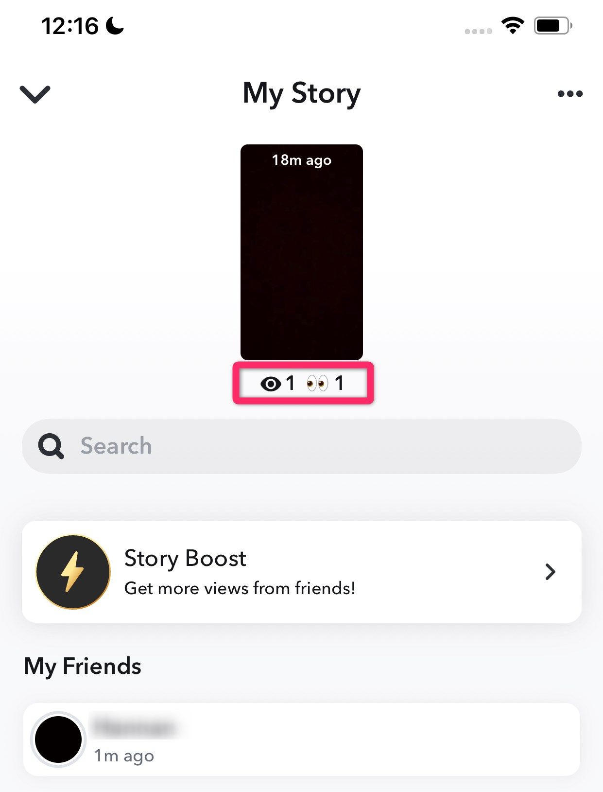 Snapchat showing the number of friends who've rewatched my story.