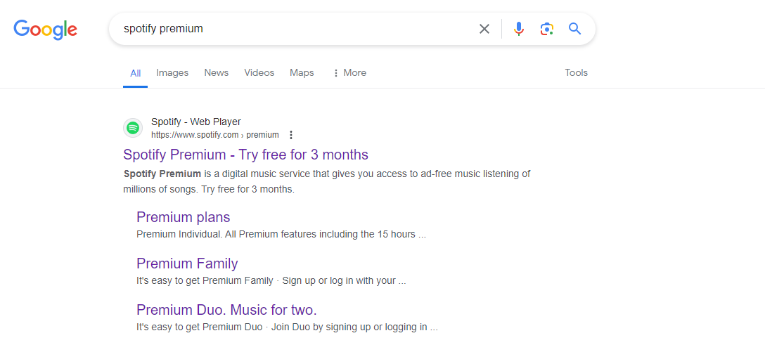 Spotify Premium free trial as it appears on Google Search