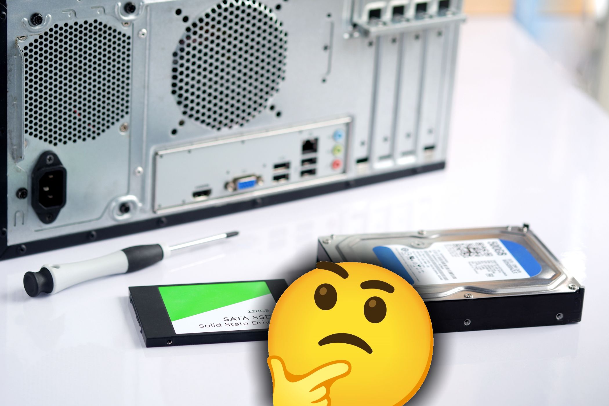 ssd hdd in front of pc case with emoji