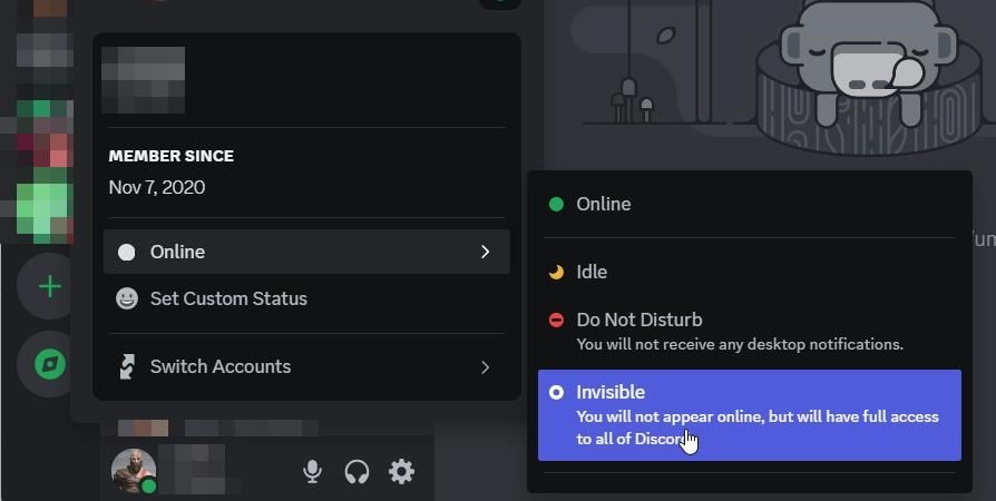 تنظیم وضعیت آنلاین به نامرئی در برنامه دسکتاپ Discord.