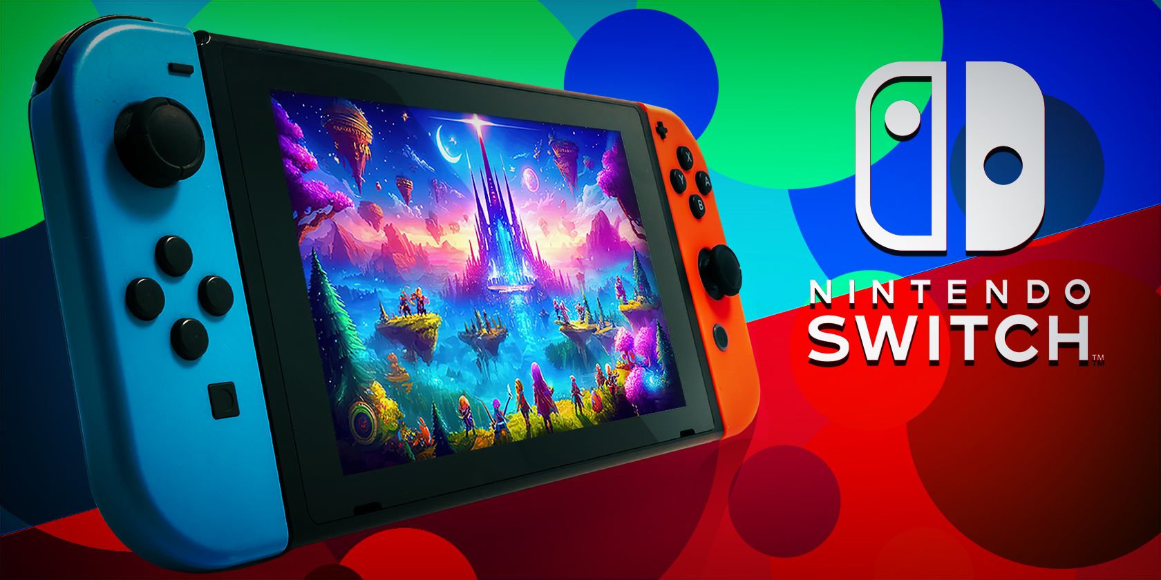 A Nintendo switch displaying a game on a colorful background