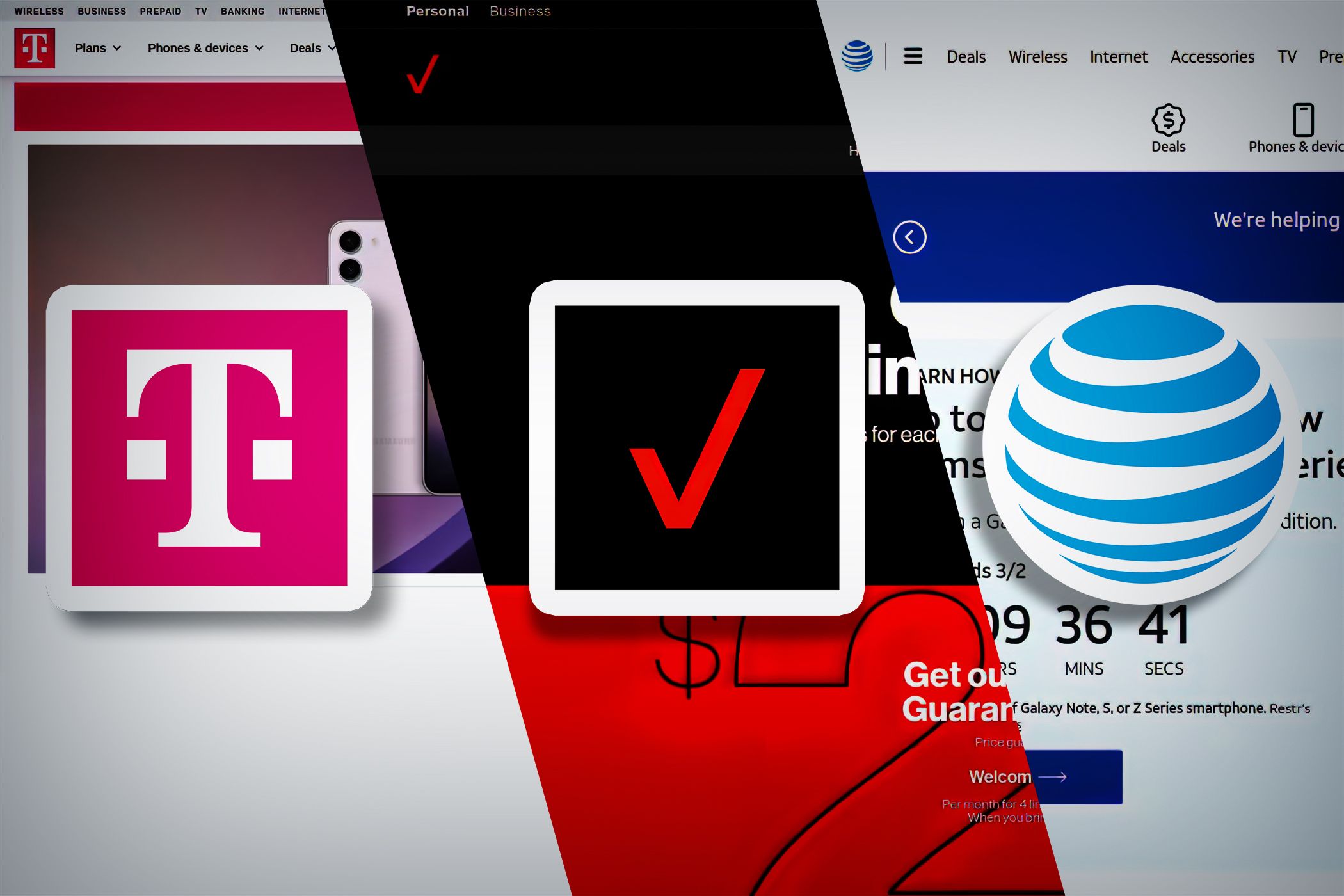 Verizon, AT&T, and T-Mobile and their home pages on the background