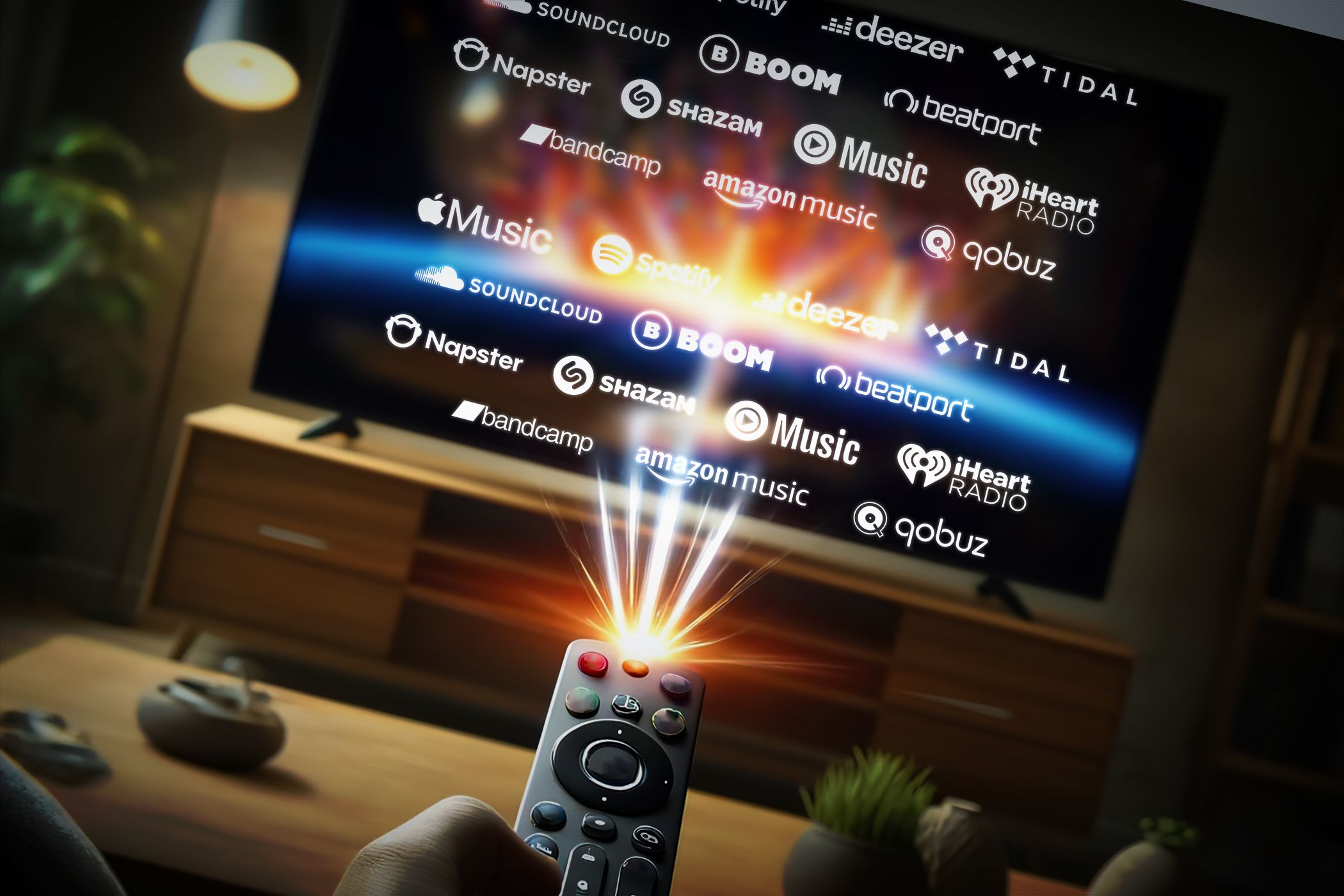 A smart TV displaying different streaming logos and person holding a remote