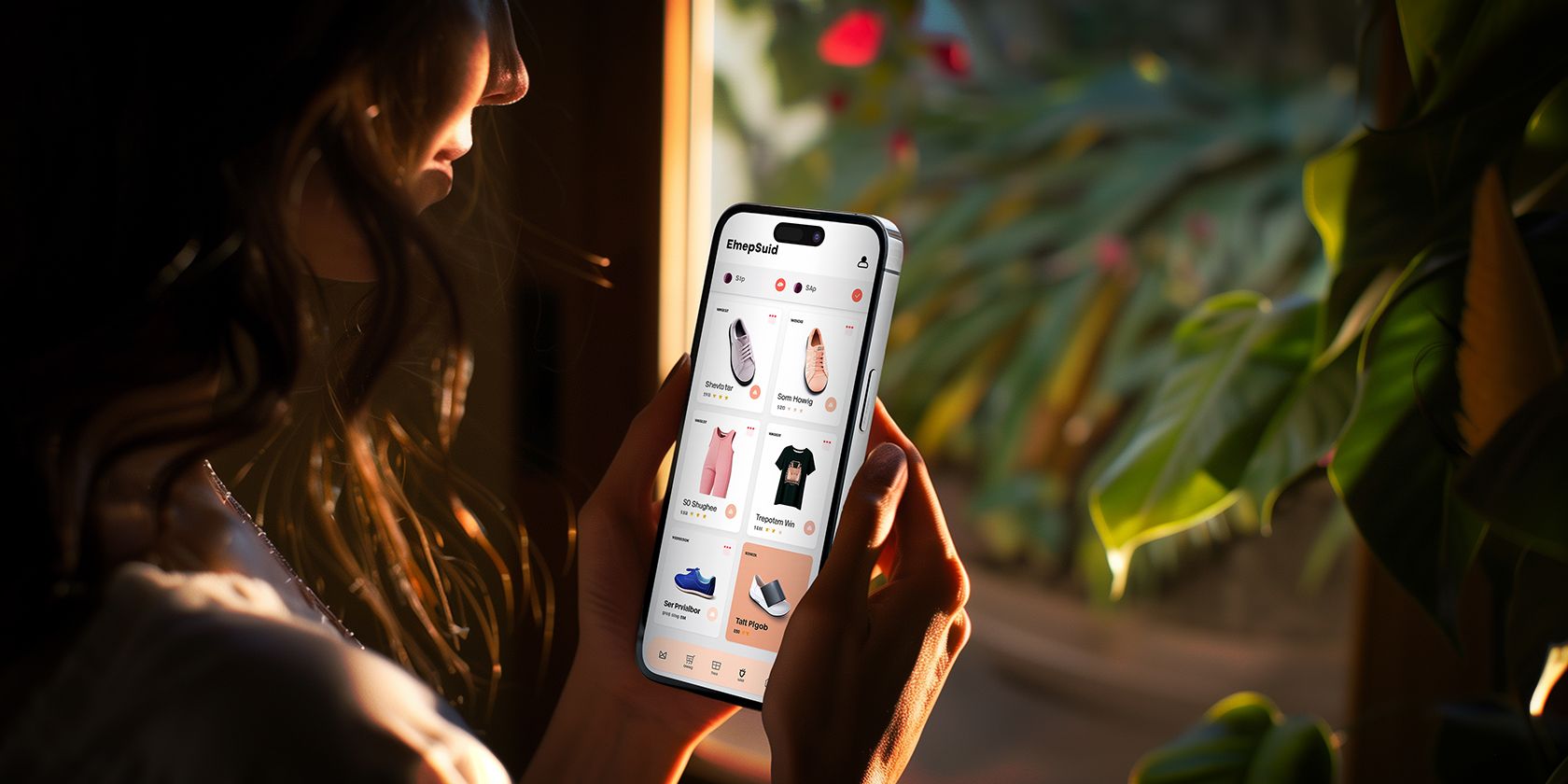A person using an Iphone displaying an online shopping interface