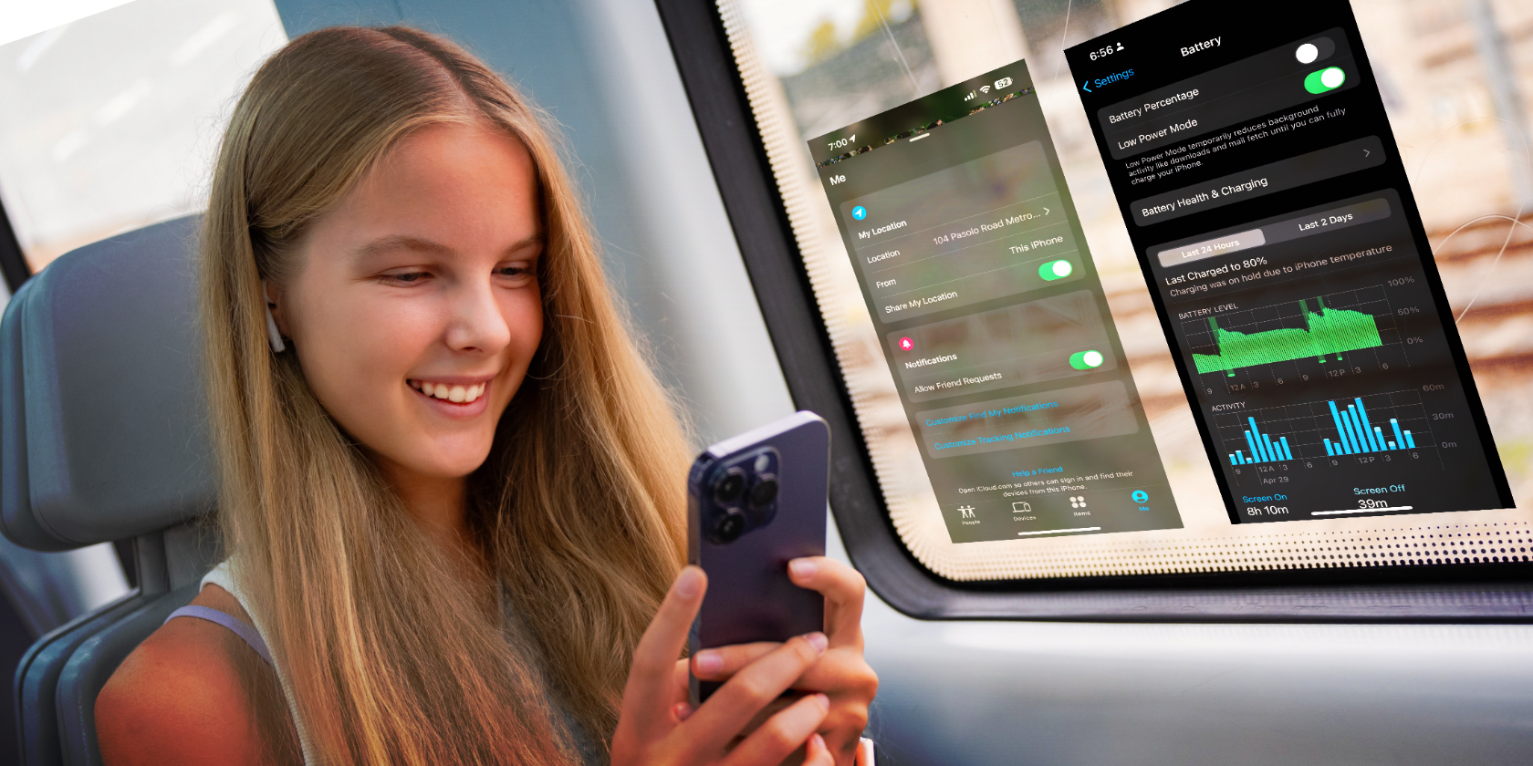 A smiling young woman with long blonde hair is holding a navy blue smartphone, her attention captured by the screen