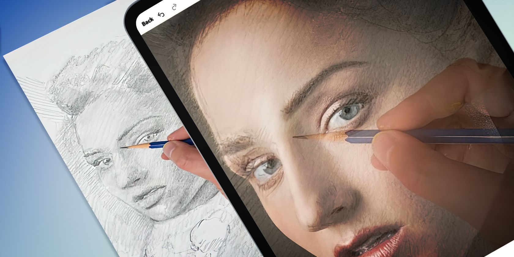 DaVinci Eye UI shown on a phone and a person drawing in the background