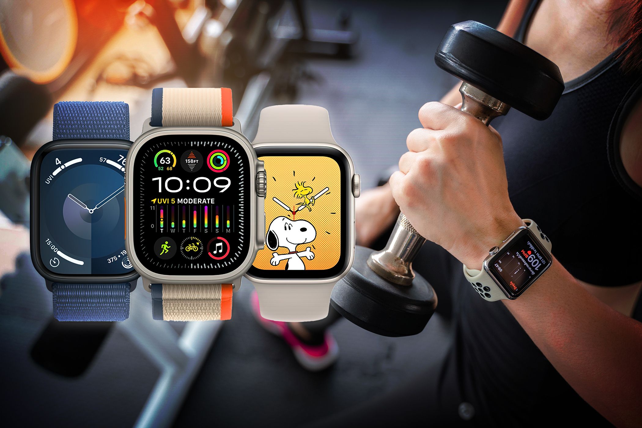 Various Apple Watch models with different bands showcased in a gym setting with a person lifting a dumbbell.