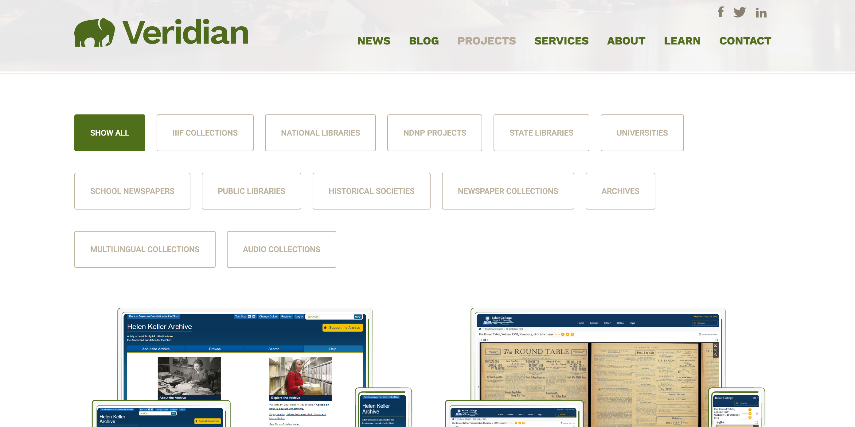 Veridian's projects section containing historical newspapers and articles