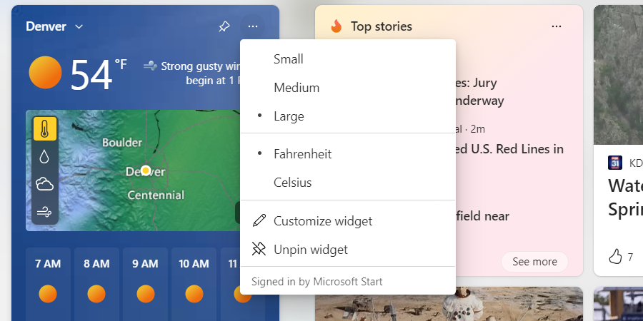 The weather widget's options on Windows 11.