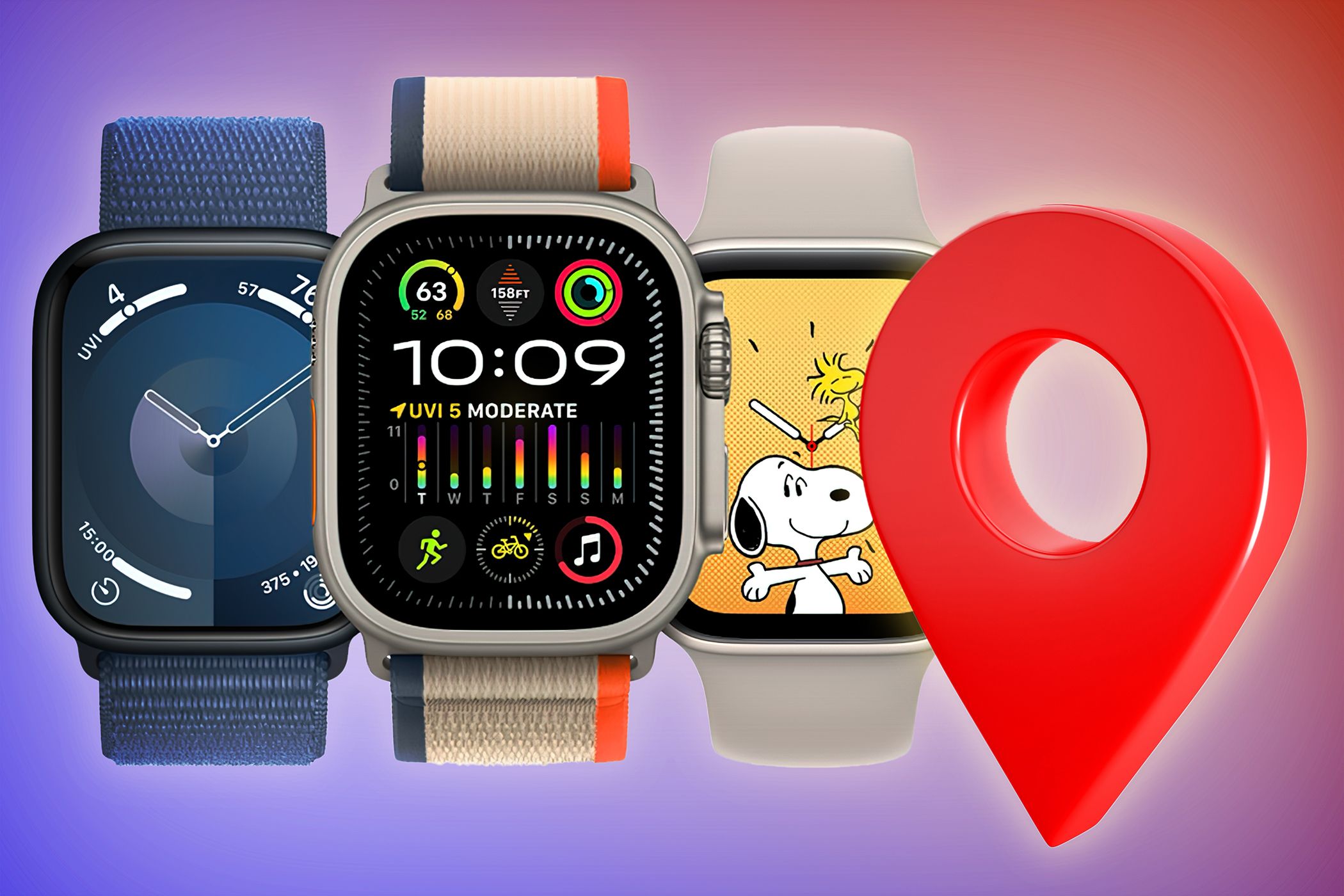 Three Apple Watch models side by side with a location pin next to them