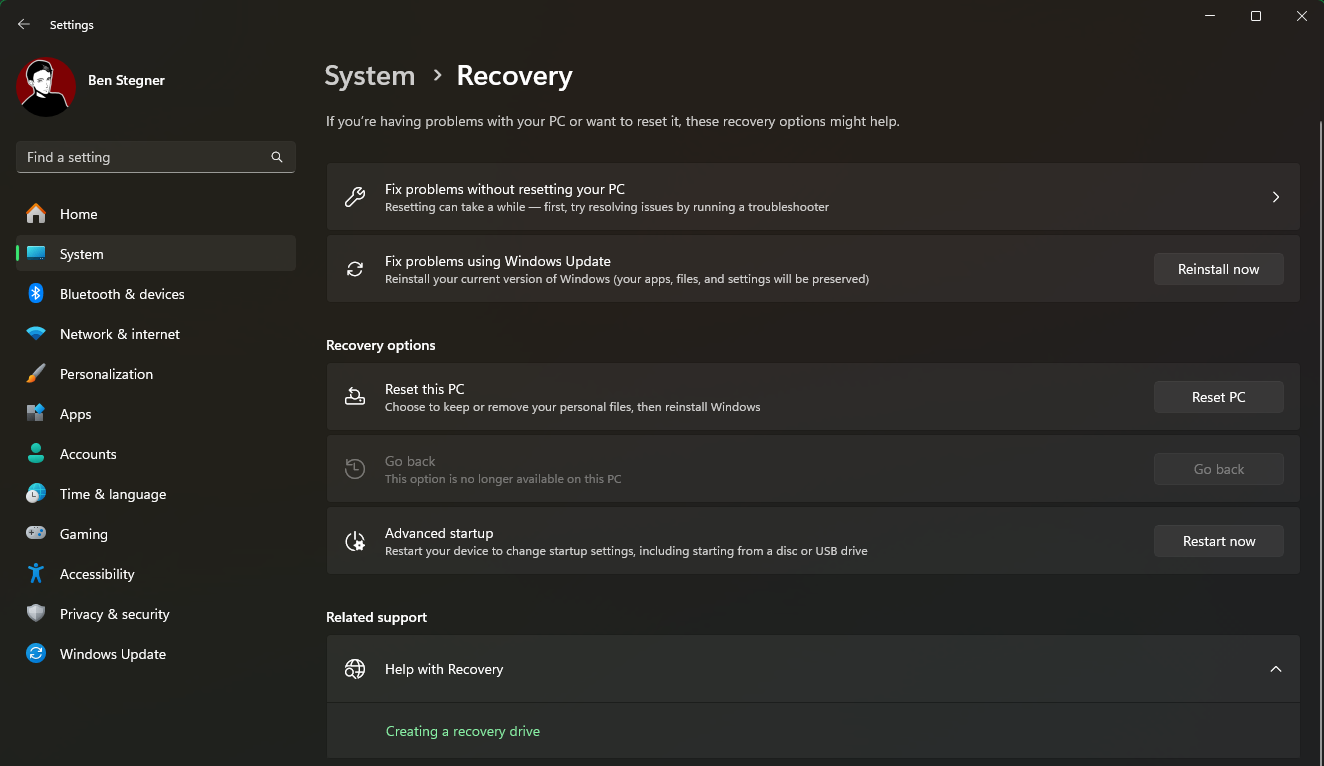 Windows 11 Recovery Menu Options