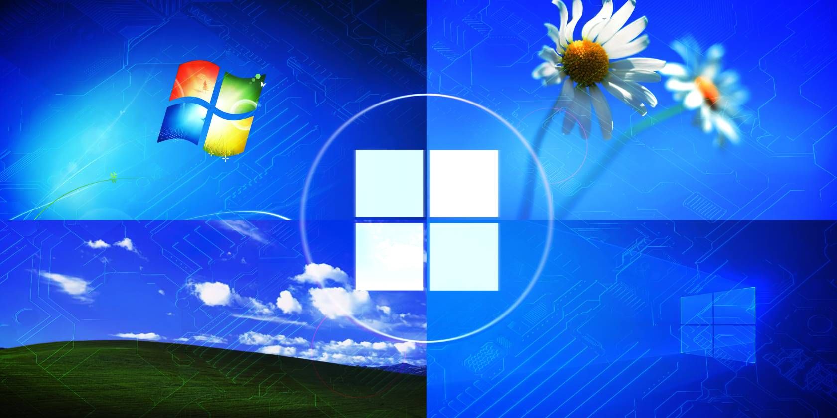 Evolution of Windows operating system wallpapers from Windows XP to Windows 10, featuring iconic backgrounds and the Windows logo.