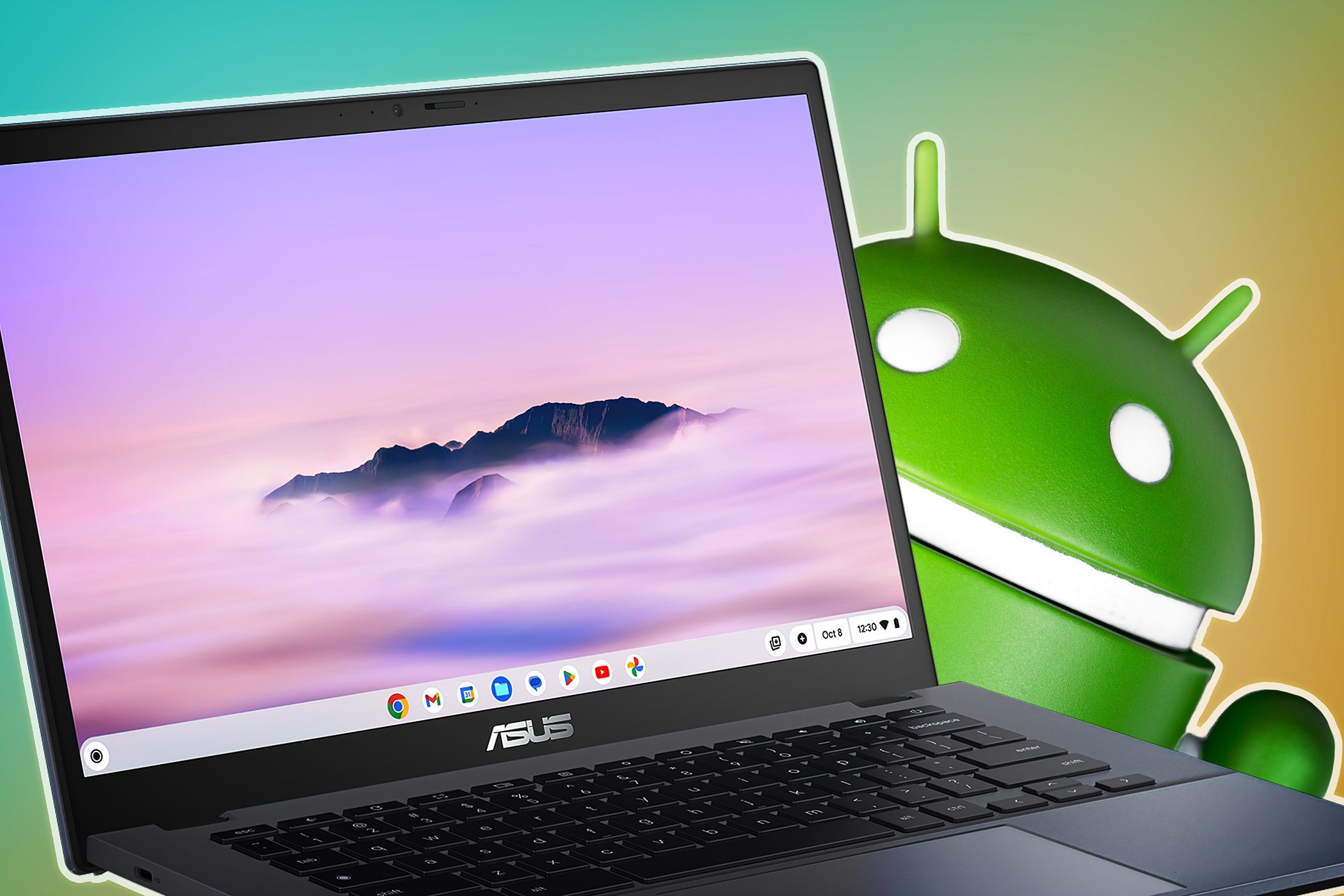ASUS Chromebook laptop with a scenic wallpaper, accompanied by an Android logo, indicating Android compatibility or integration.