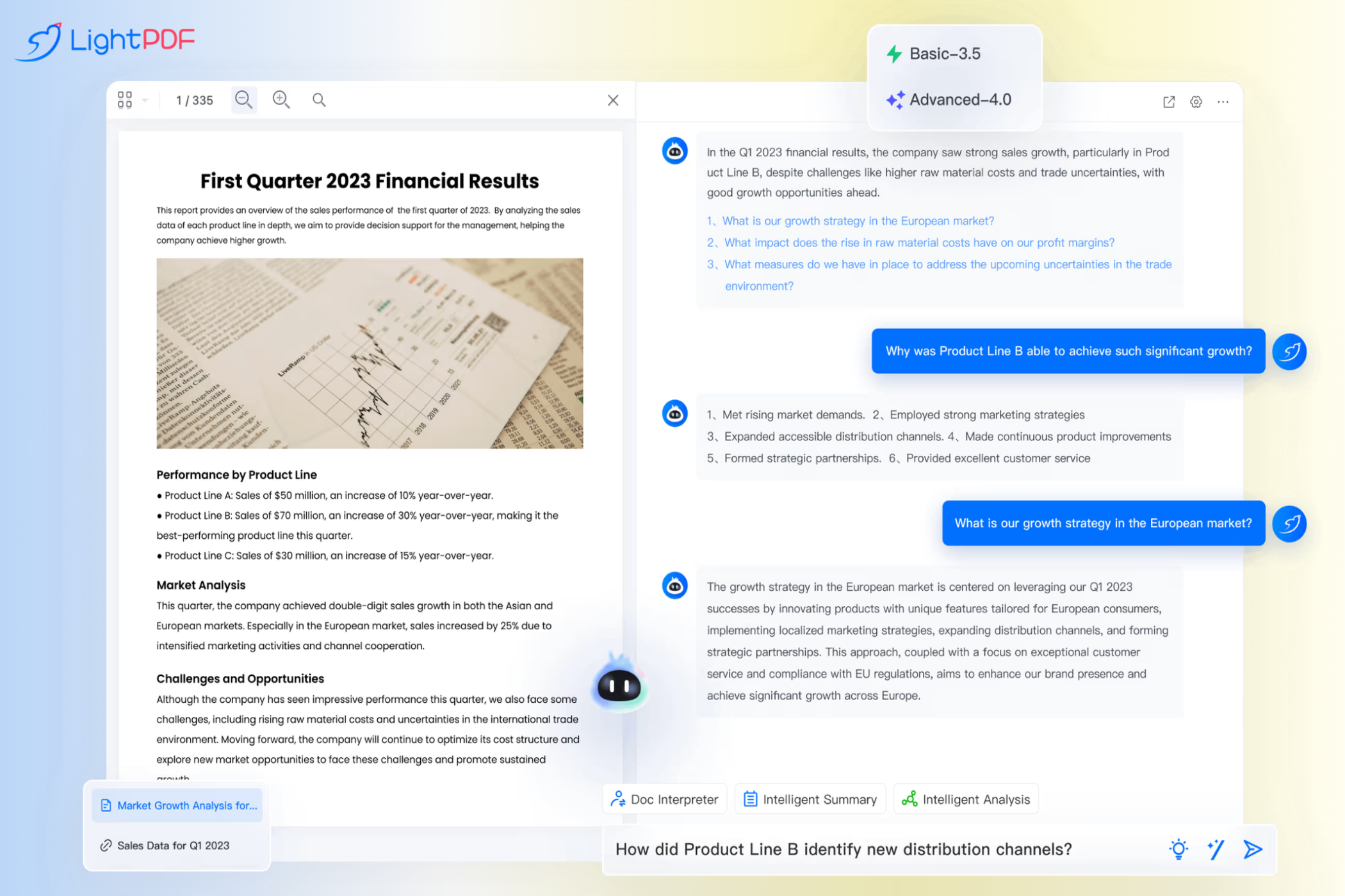 تصویری از ویژگی LightPDF ChatPDF در حال تجزیه و تحلیل یک سند