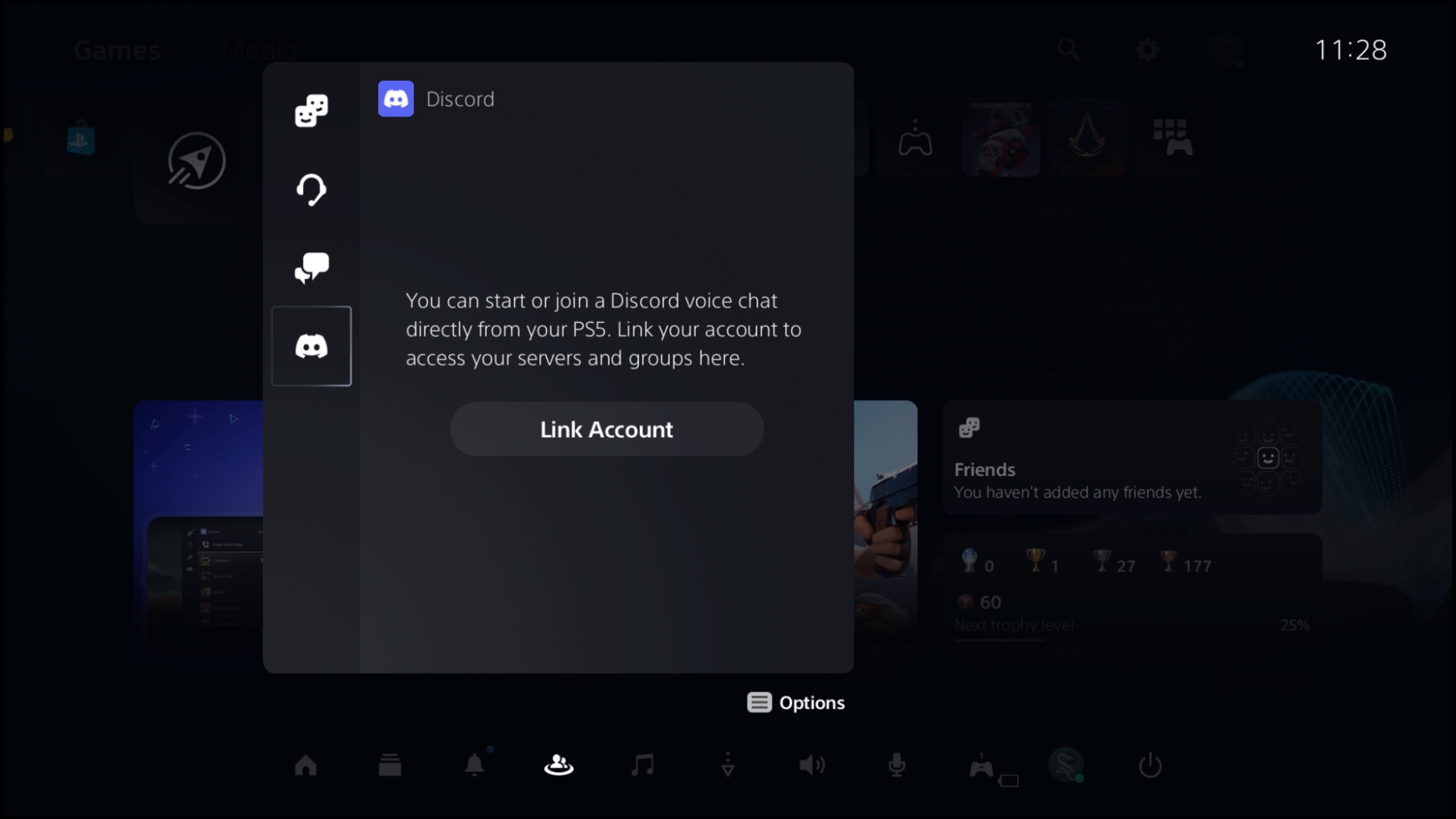 Opção de vincular conta na página do Discord no Game Base do PS5