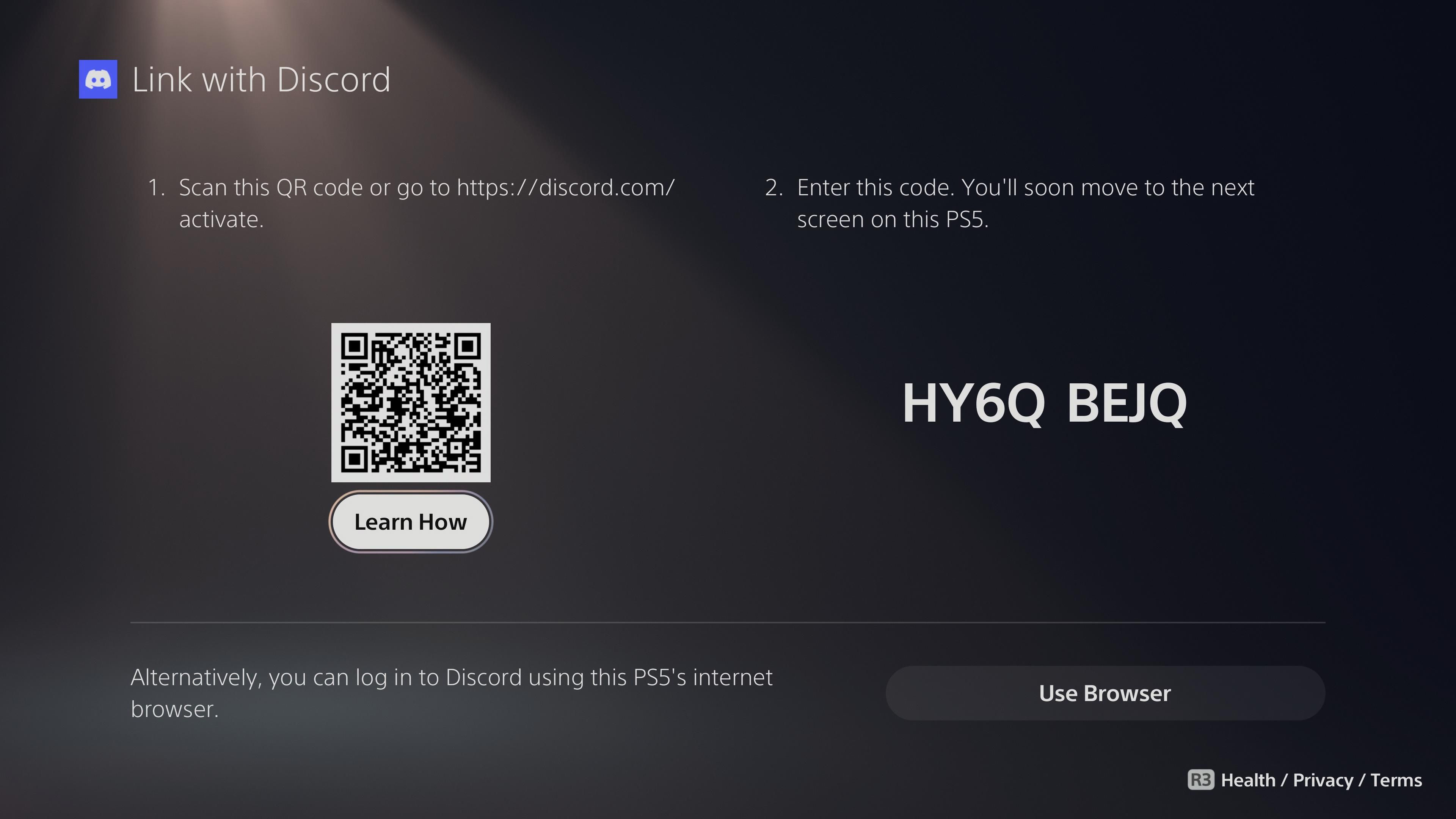 Link para PS5 na página do Discord