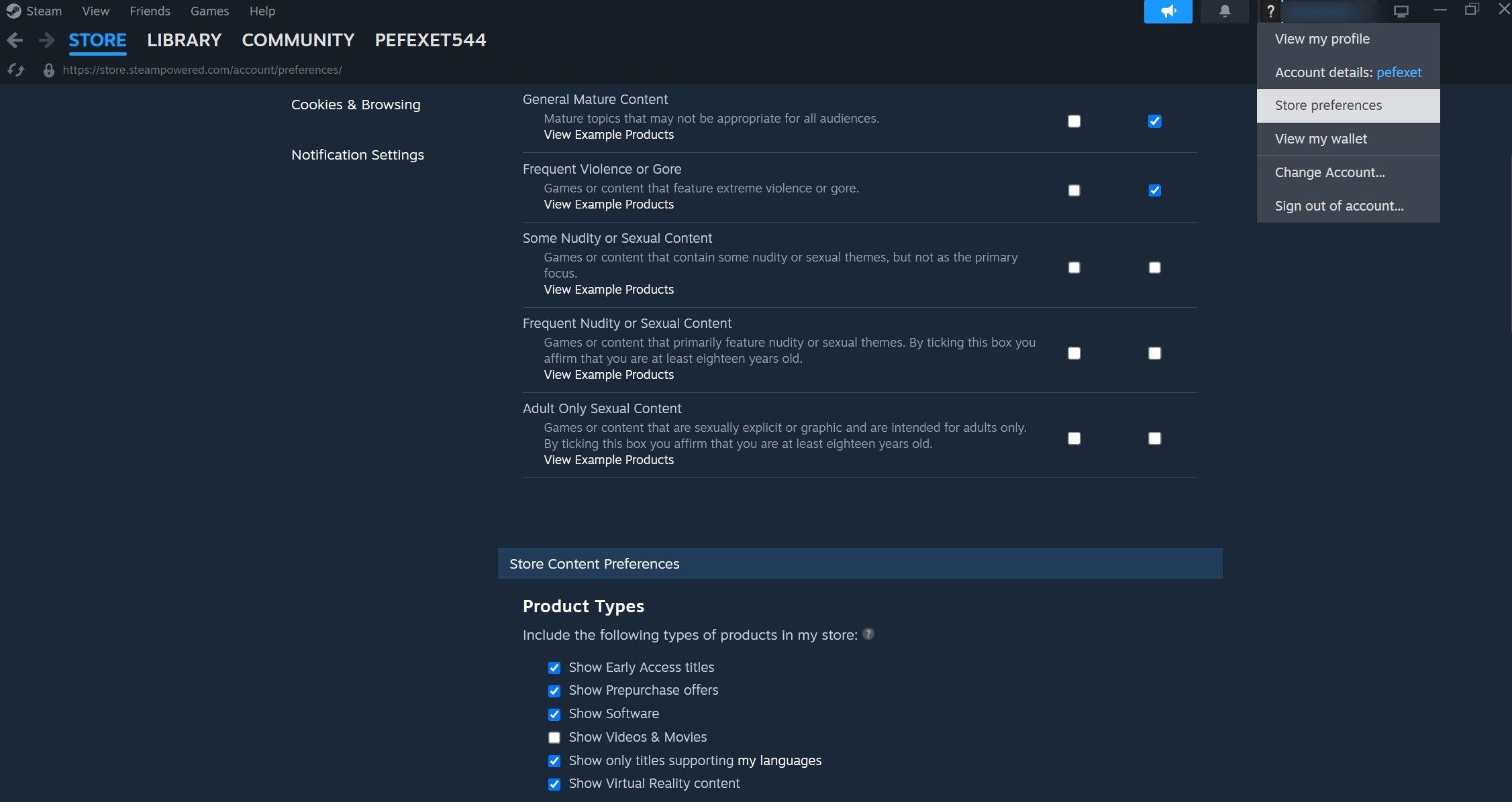 Changing store preferences in the Steam client.