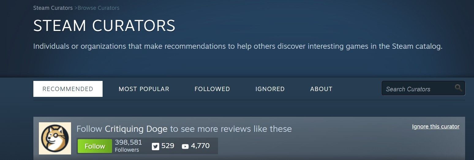 Following a curator in Steam.