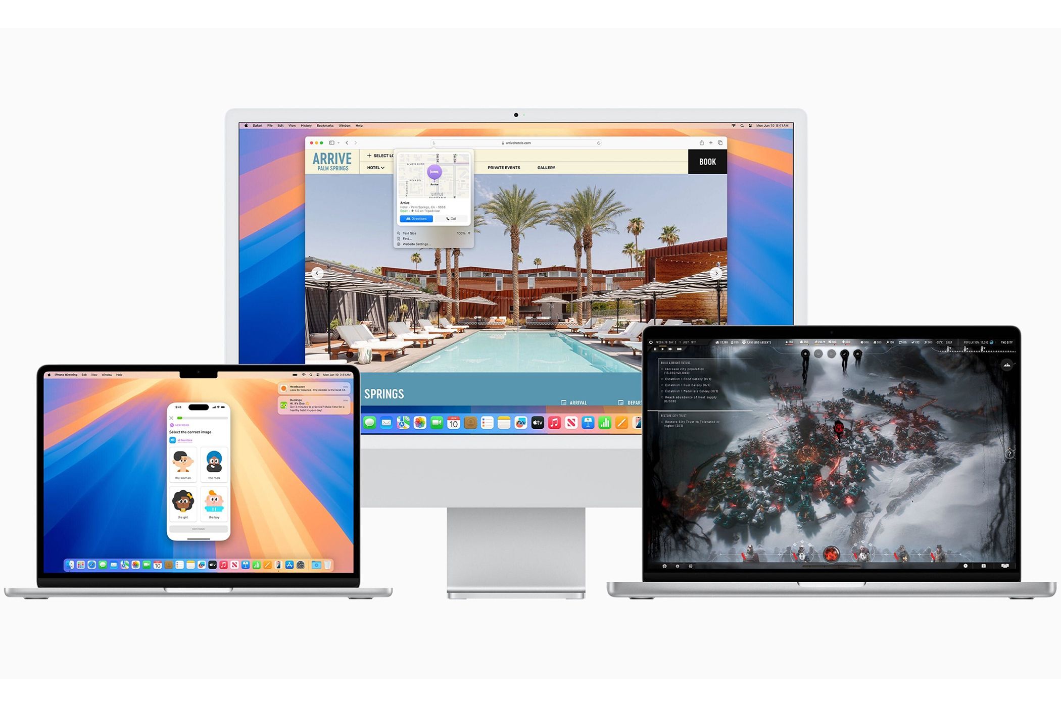A MacBook Air, MacBook Pro, and iMac running macOS Sequoia