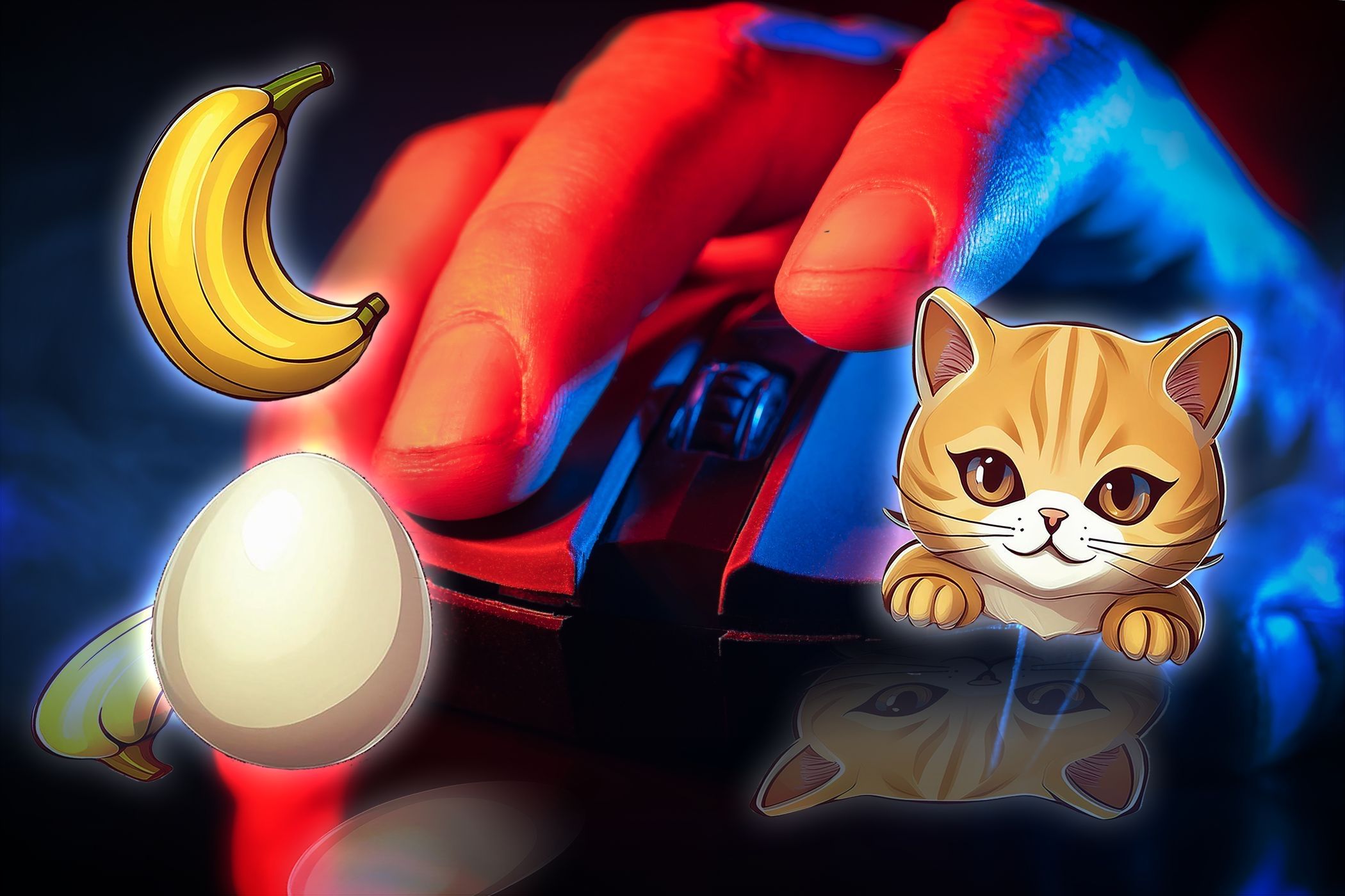 Hand on a computer mouse with emojis of a banana, egg, and cat.