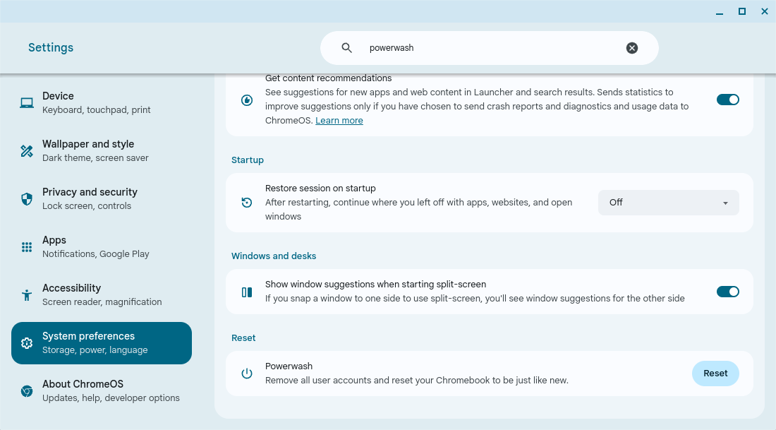 accessing the powerwash feature through the settings app on chromebook