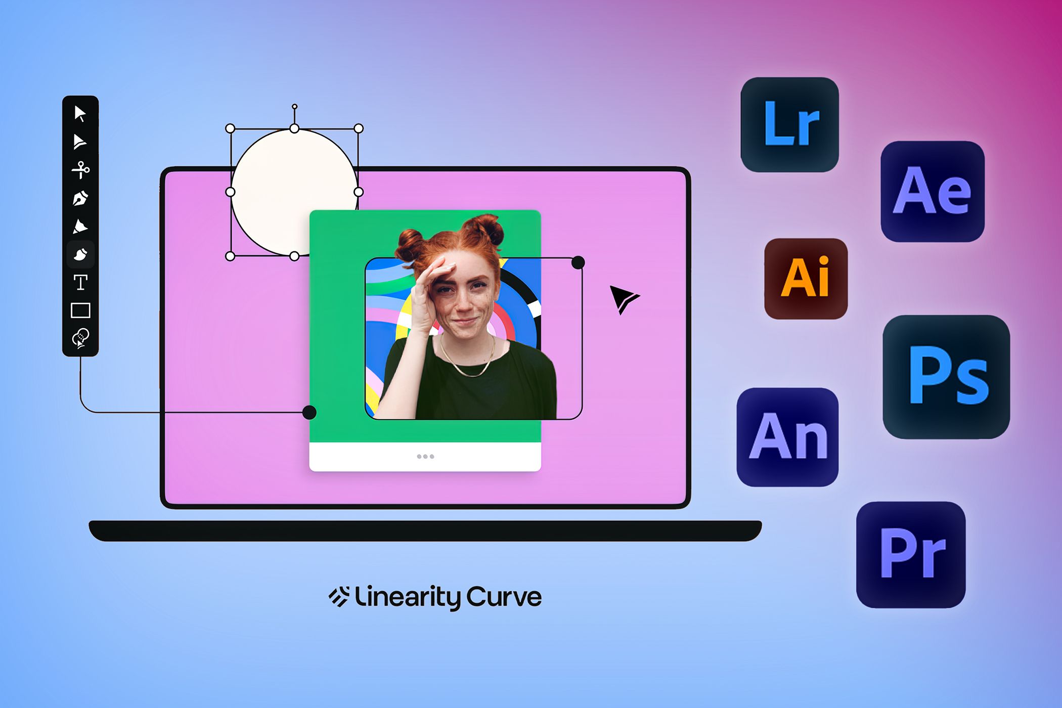 Graphic design software on a laptop screen with Adobe icons, featuring a woman being edited in a colorful layout.