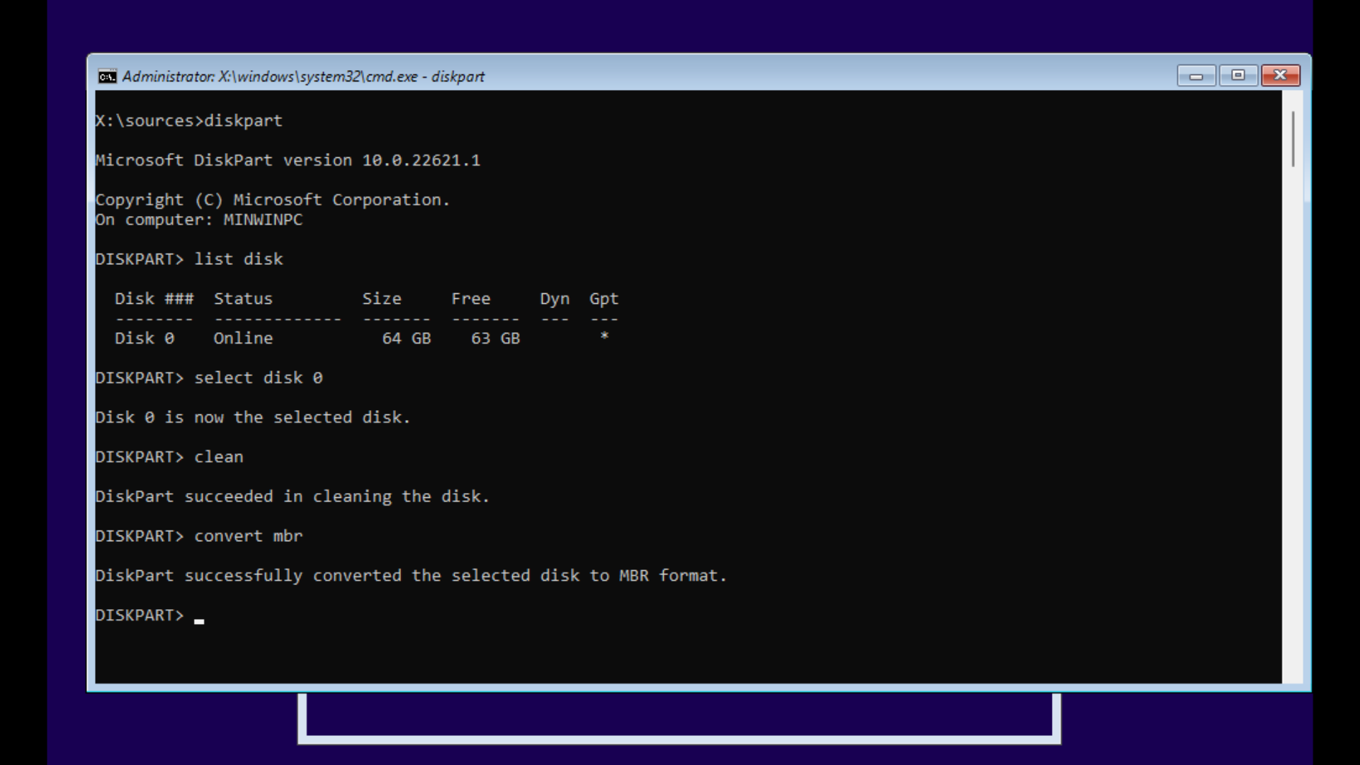 converting gpt disk to mbr  using diskpart while installing windows