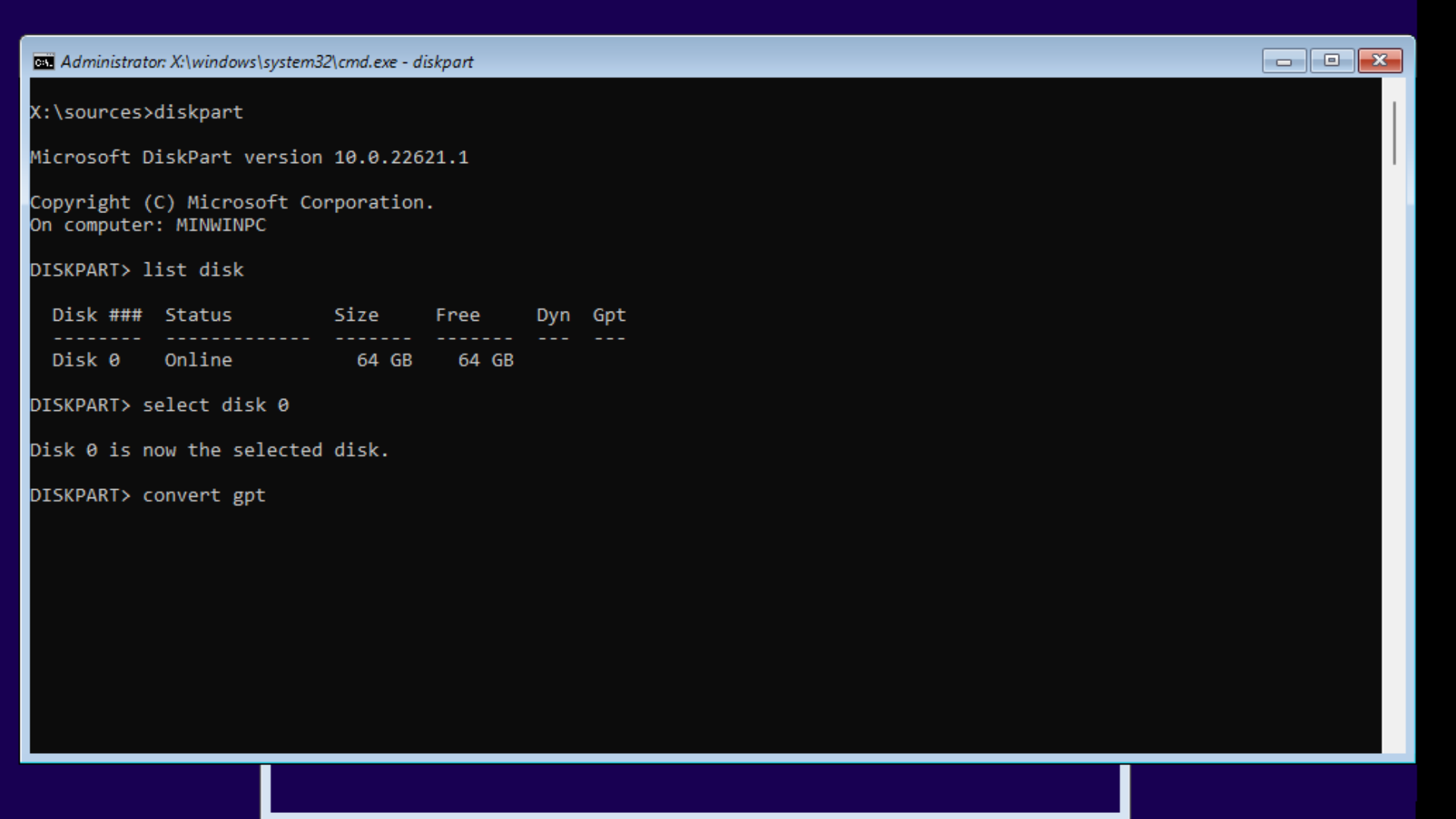 converting mbr disk to gpt using diskpart while installing windows