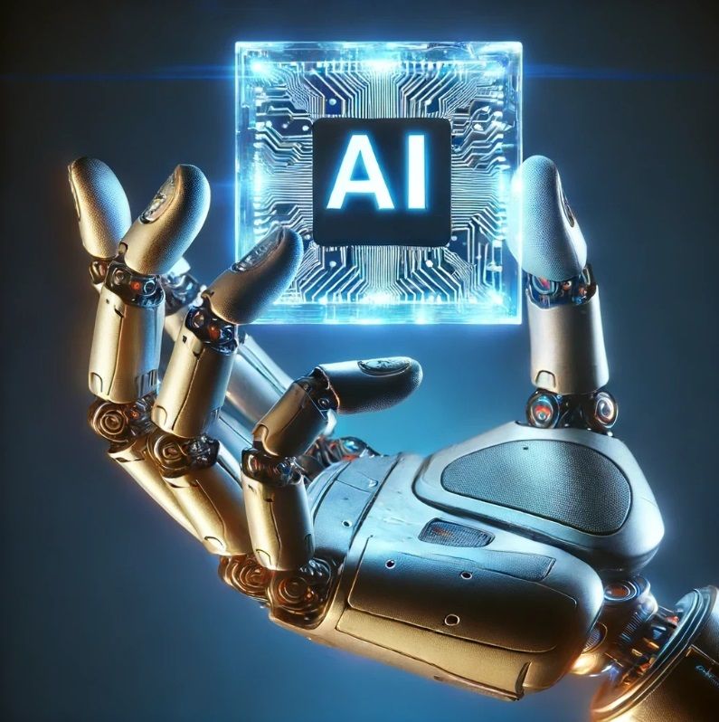 dalle 3 editing tools robot holding ai chip removed word