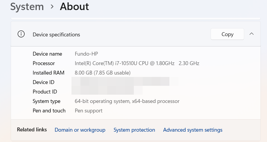 The Device Specification section of the About screen in the Windows 11 settings.