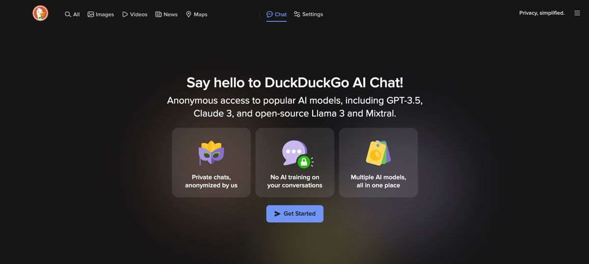 DuckDuckGo's AI welcome dashboard