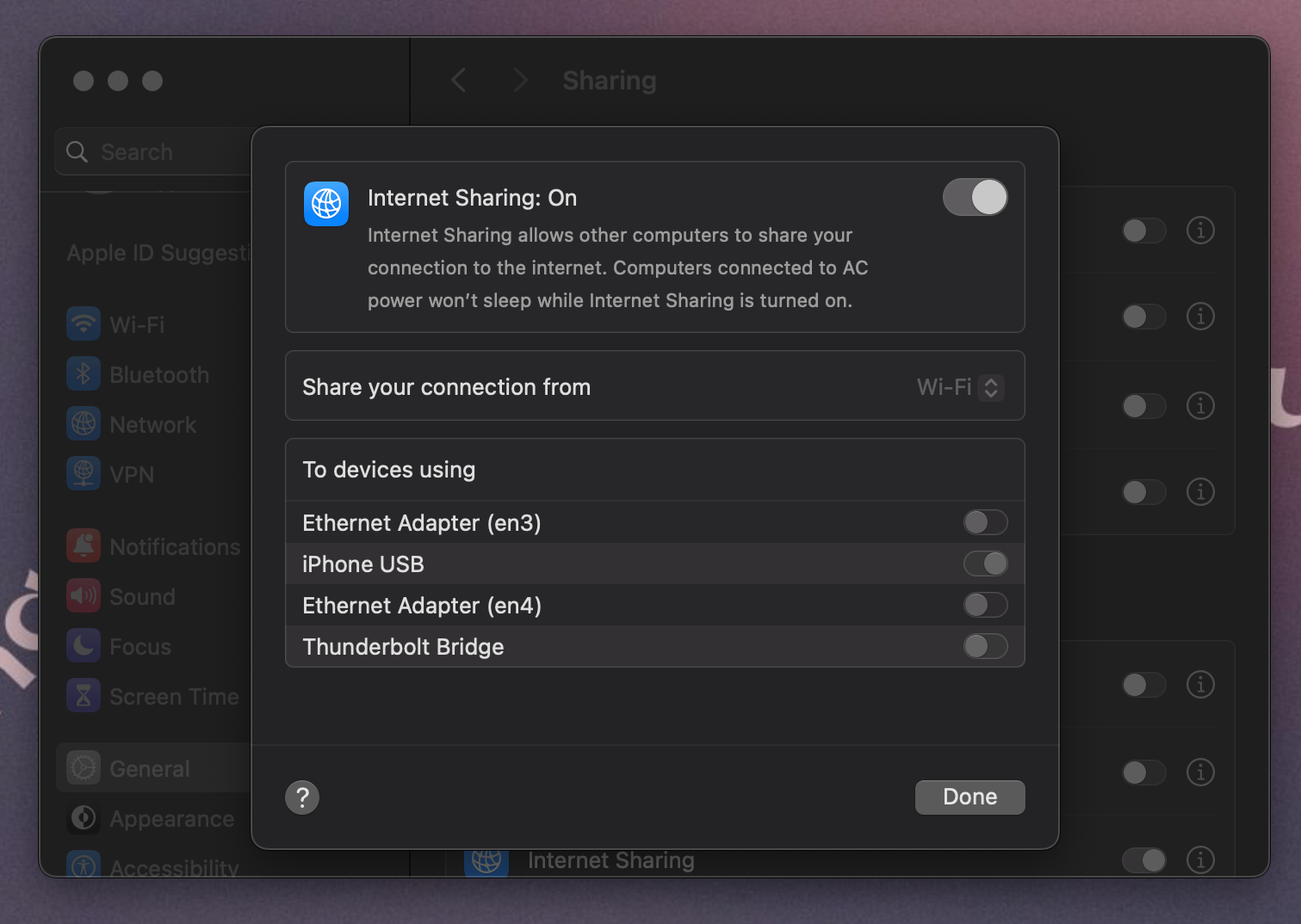 enabling Internet Sharing on macOS