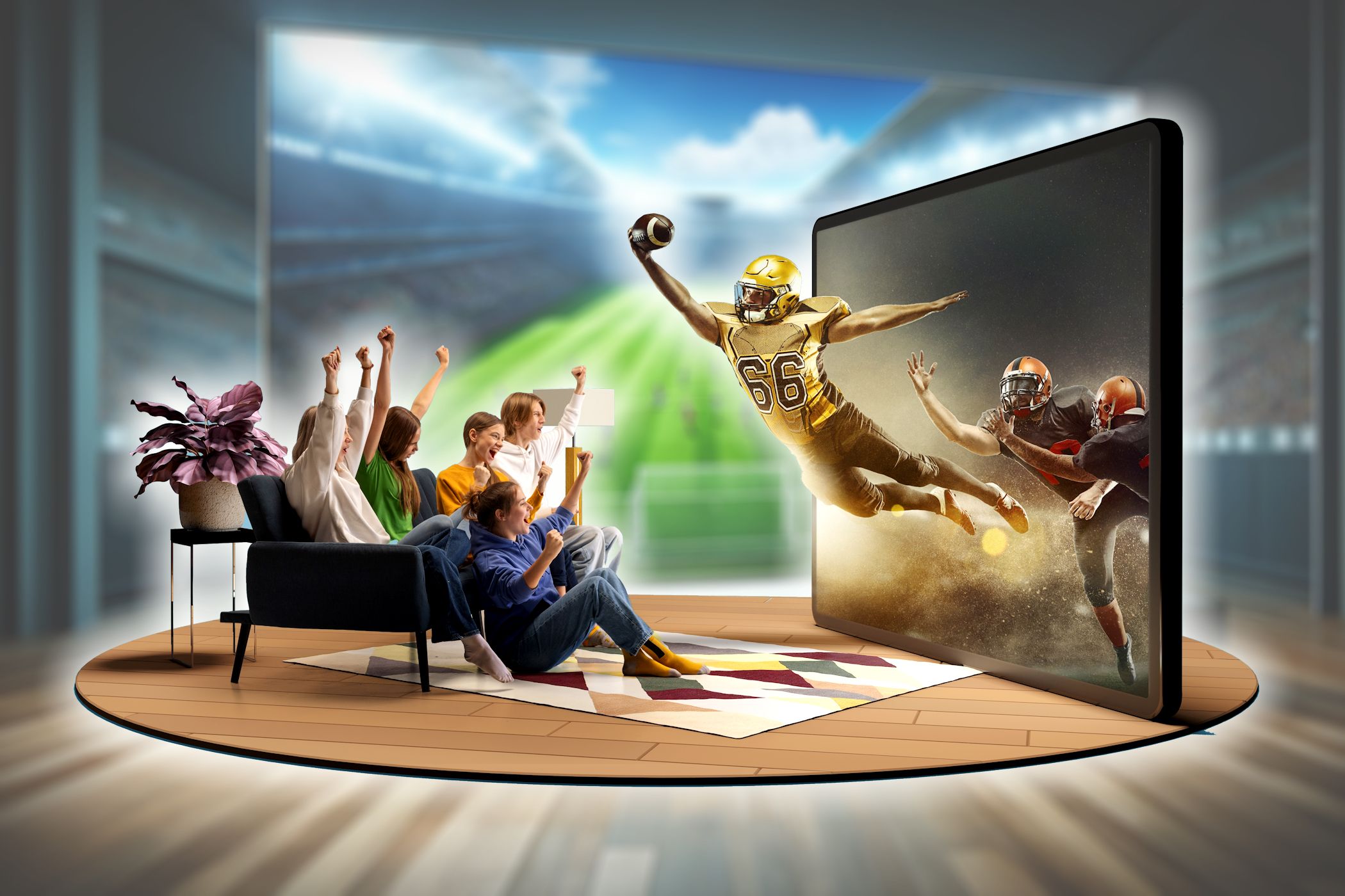 football player jumping through television