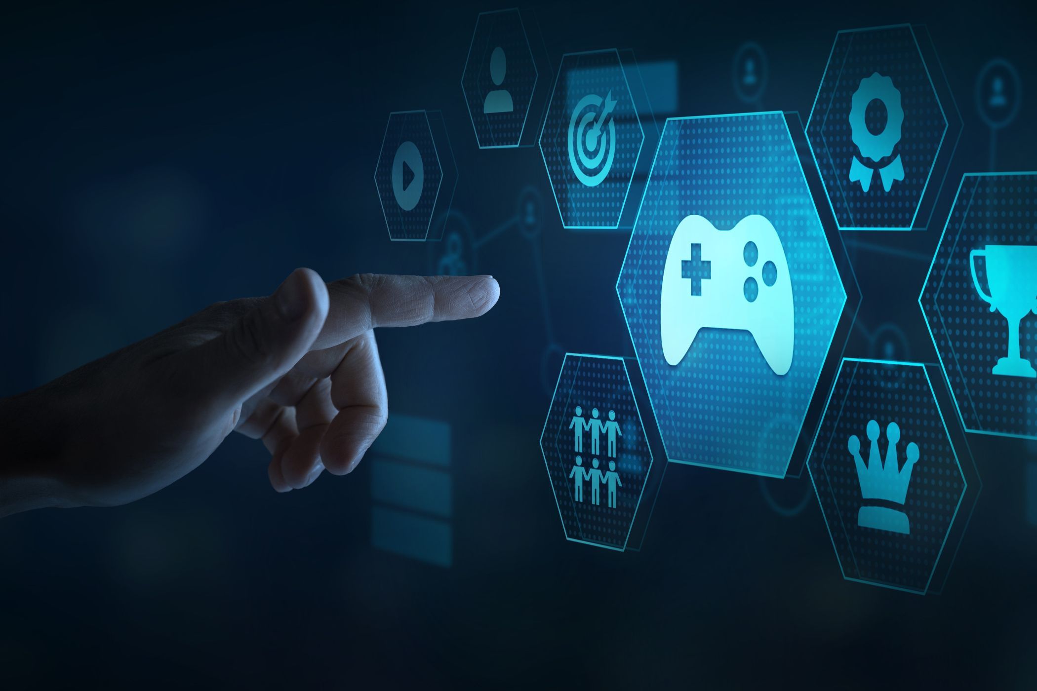 game icons floating near a hand, indicating digital games