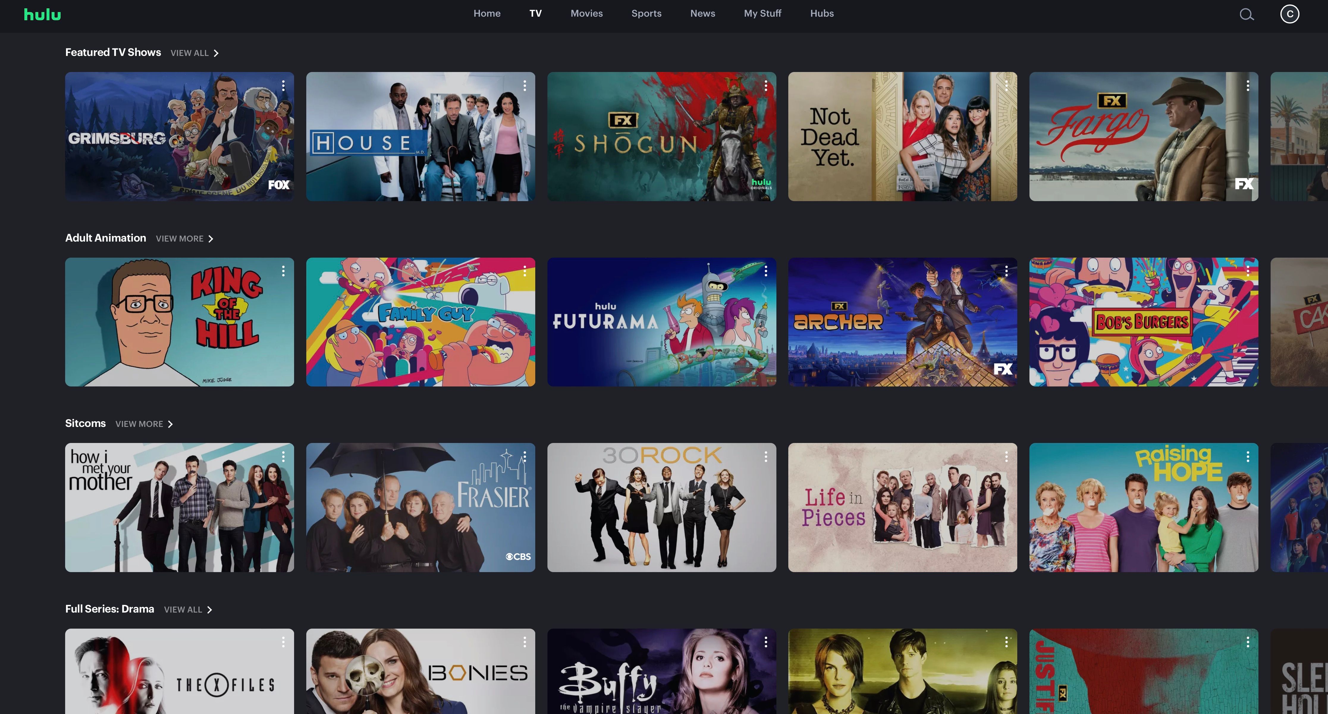 Hulu content list page with Sitcoms and Animation section