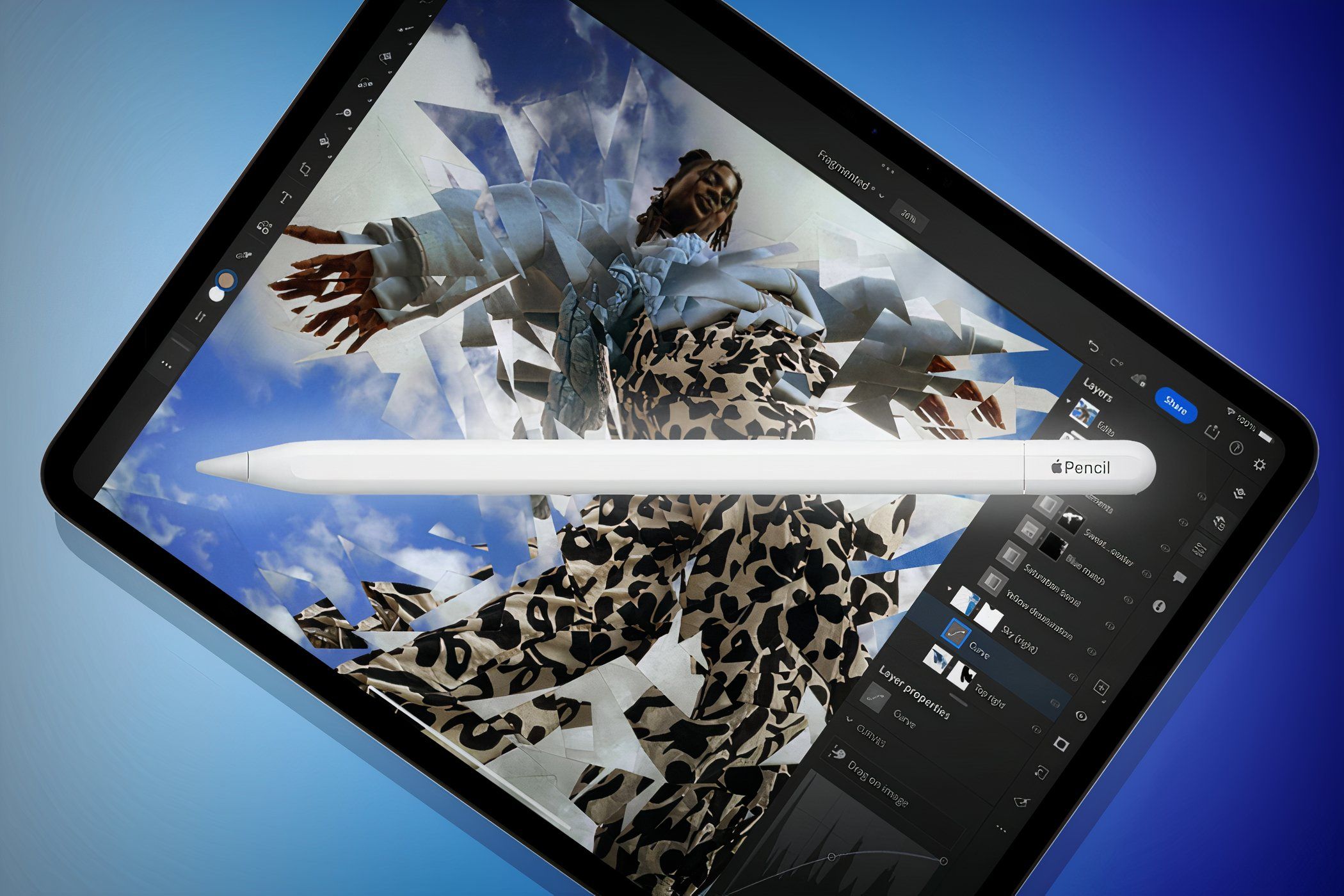 An iPad displaying digital artwork with an Apple Pencil, showcasing creative design capabilities and precision editing on a high-resolution screen