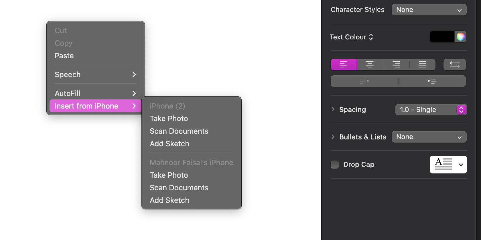 Insert from iPhone option in Pages
