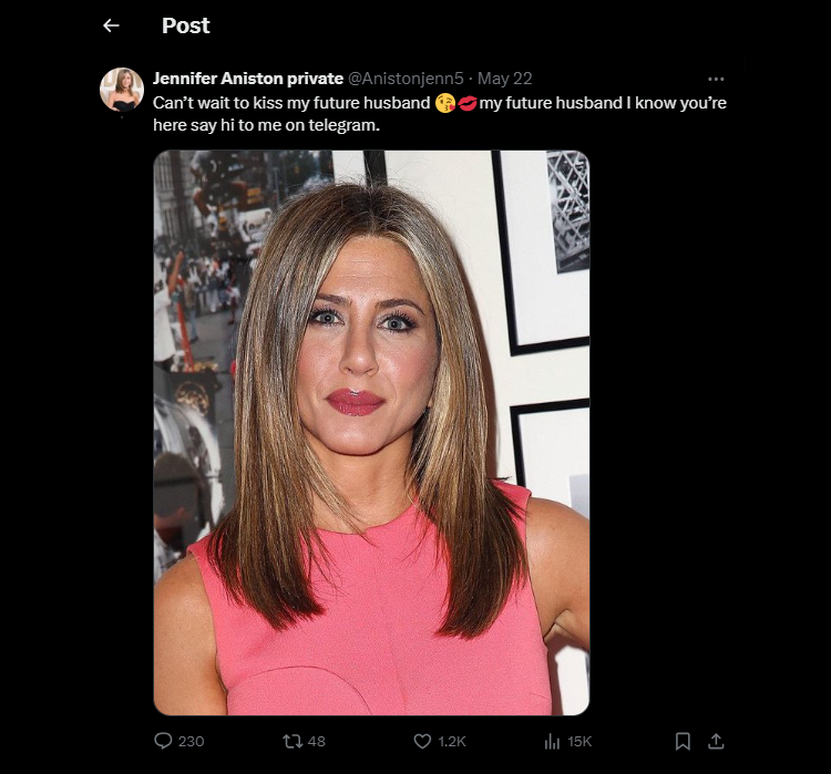 jennfier aniston fake scam celebrity tweet